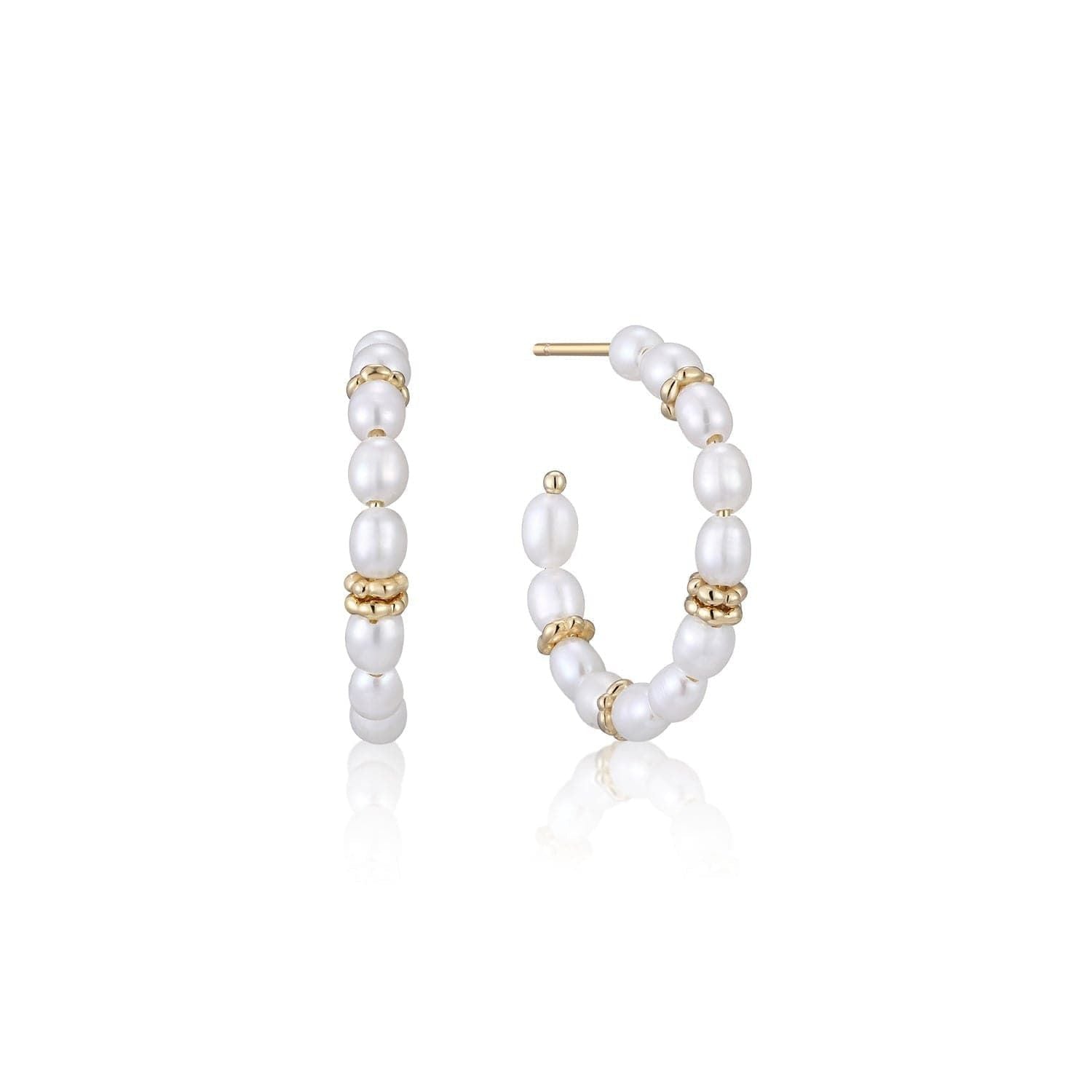 Pearl Beaded Huggie Hoops with 14k gold plating and sterling silver e-coating