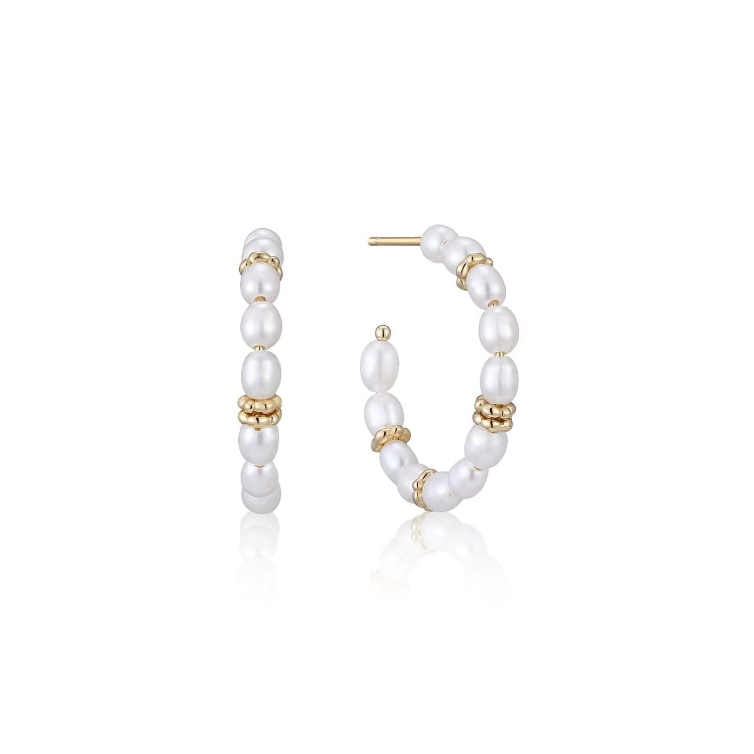 Pearl and gold hoop earrings with 14k gold plating and sterling silver backing