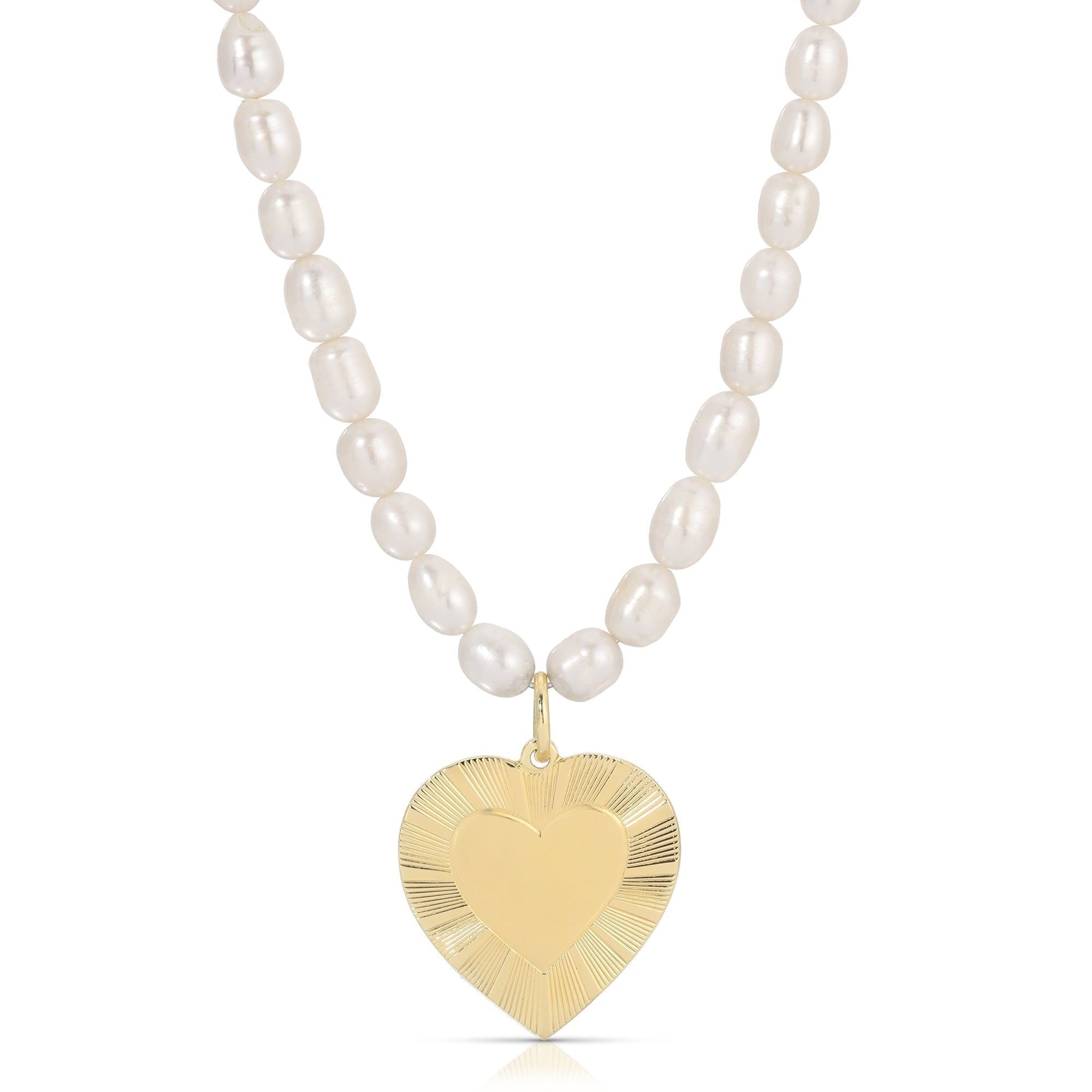 Pearl & Hildegard Pendant Necklace featuring a measure 7-8mm gold heart pendant