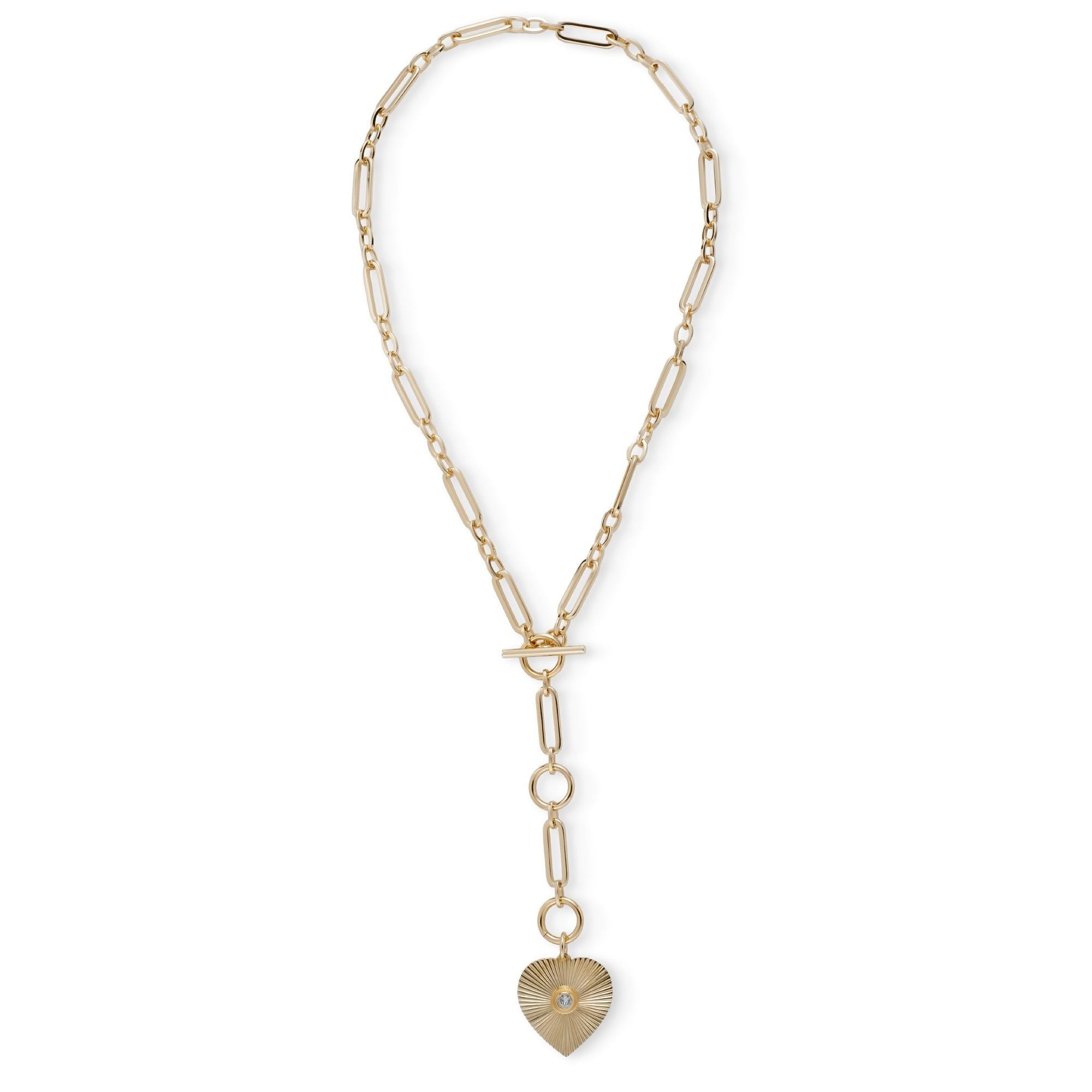 Gold-toned heart pendant on a Perla Convertible Lariat Necklace with Swarovski crystal chain