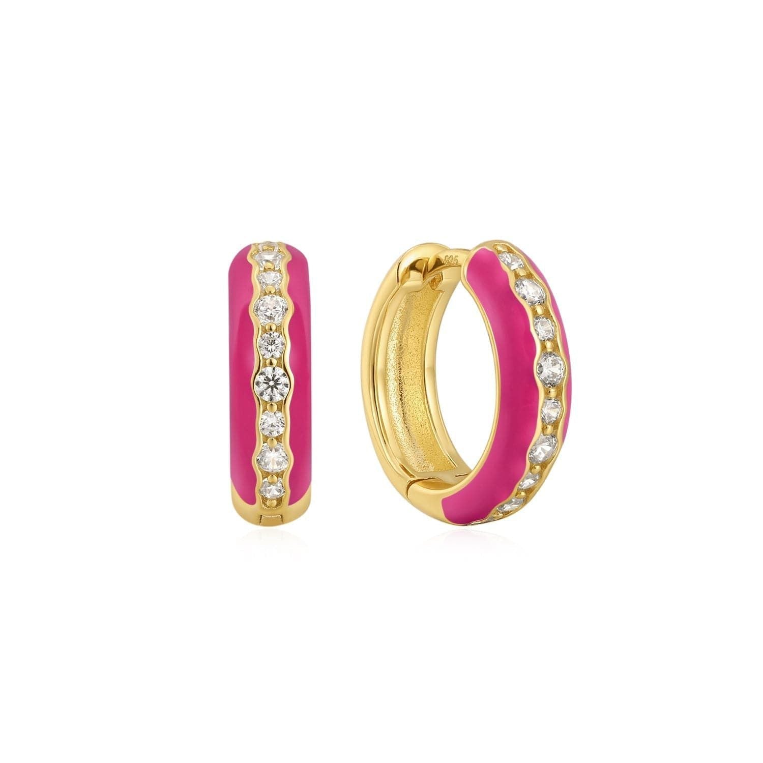 Gold and pink hoop earrings with crystals, crafted from 14k gold vermeil