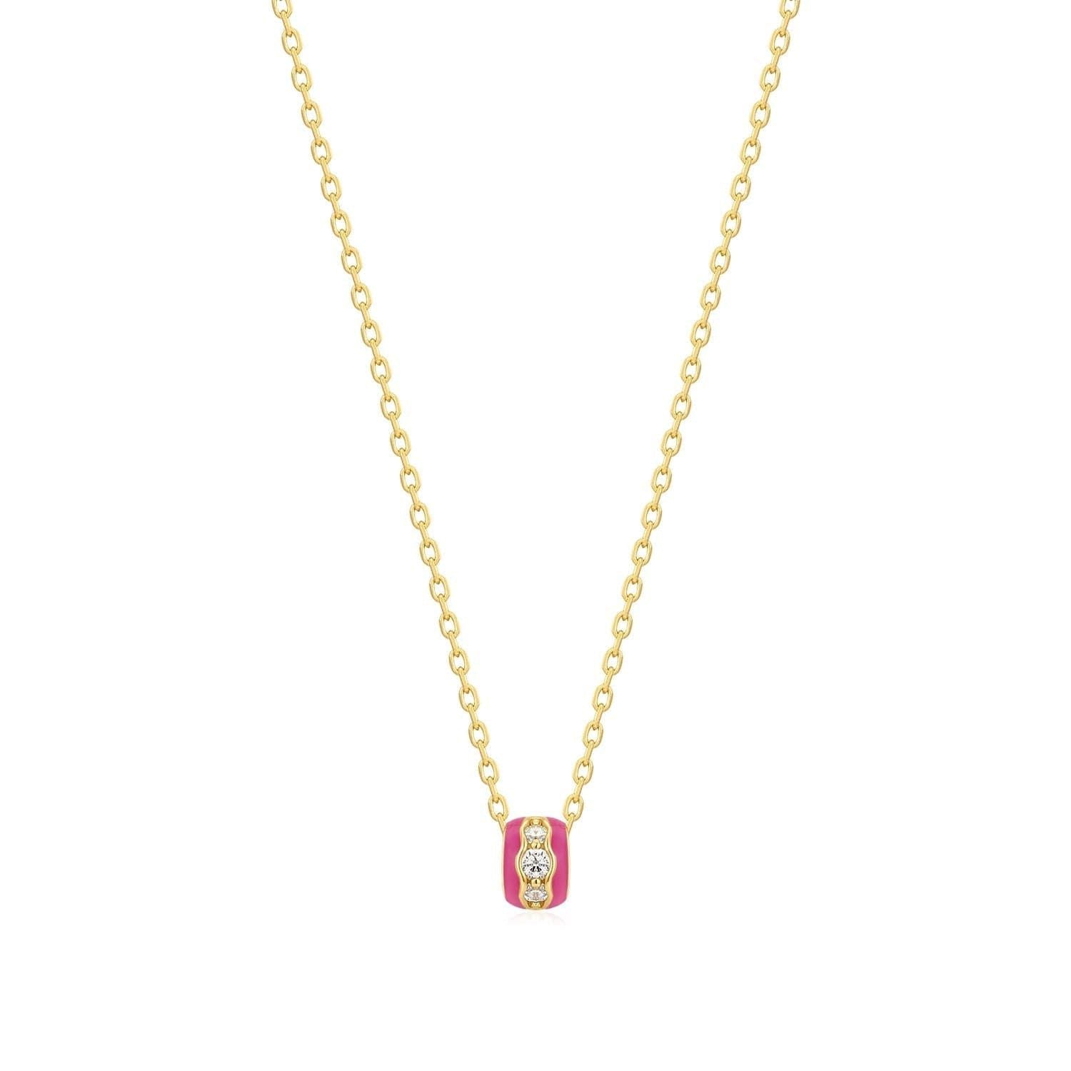 14k Gold Vermeil Necklace with Pink Enamel and Diamond Pendant in elegant design