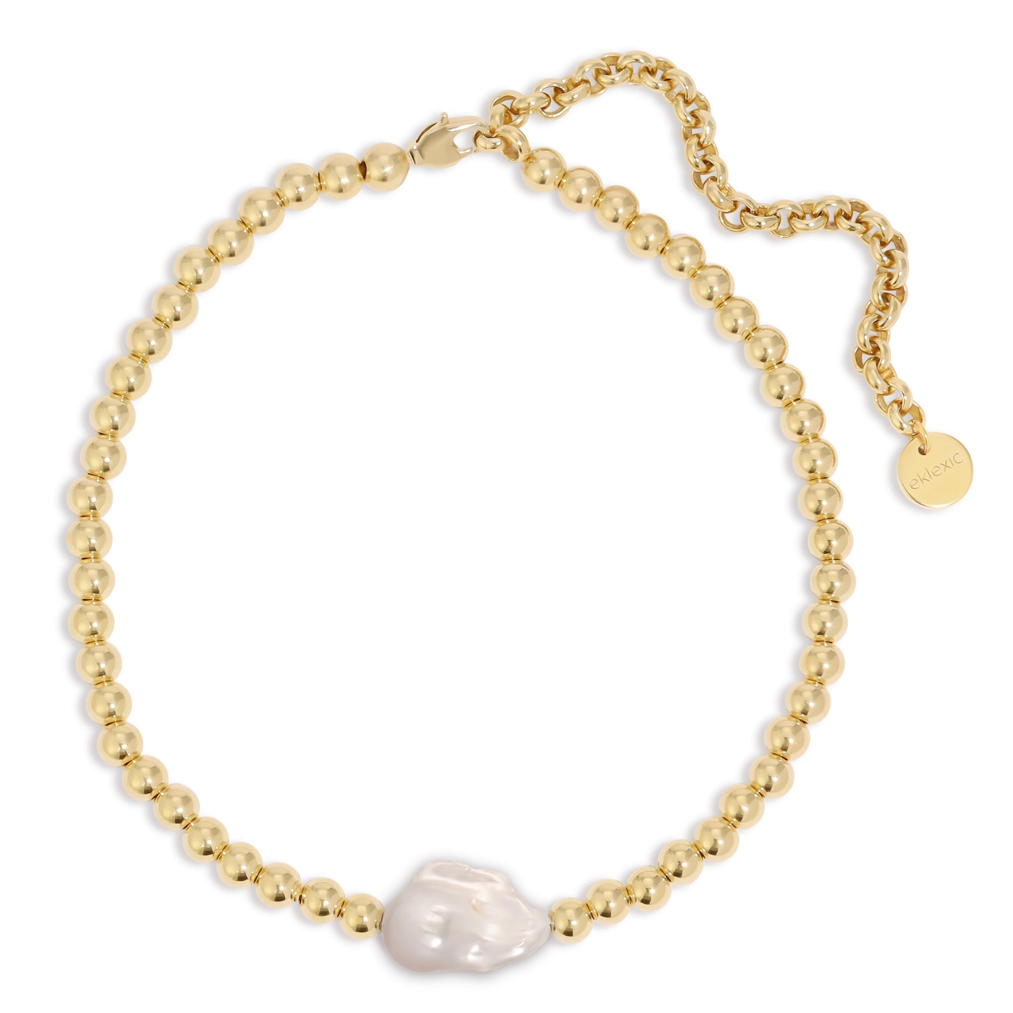 Gold beaded necklace with baroque pearl from the Poppy Horizontal Pearl & Bead collection