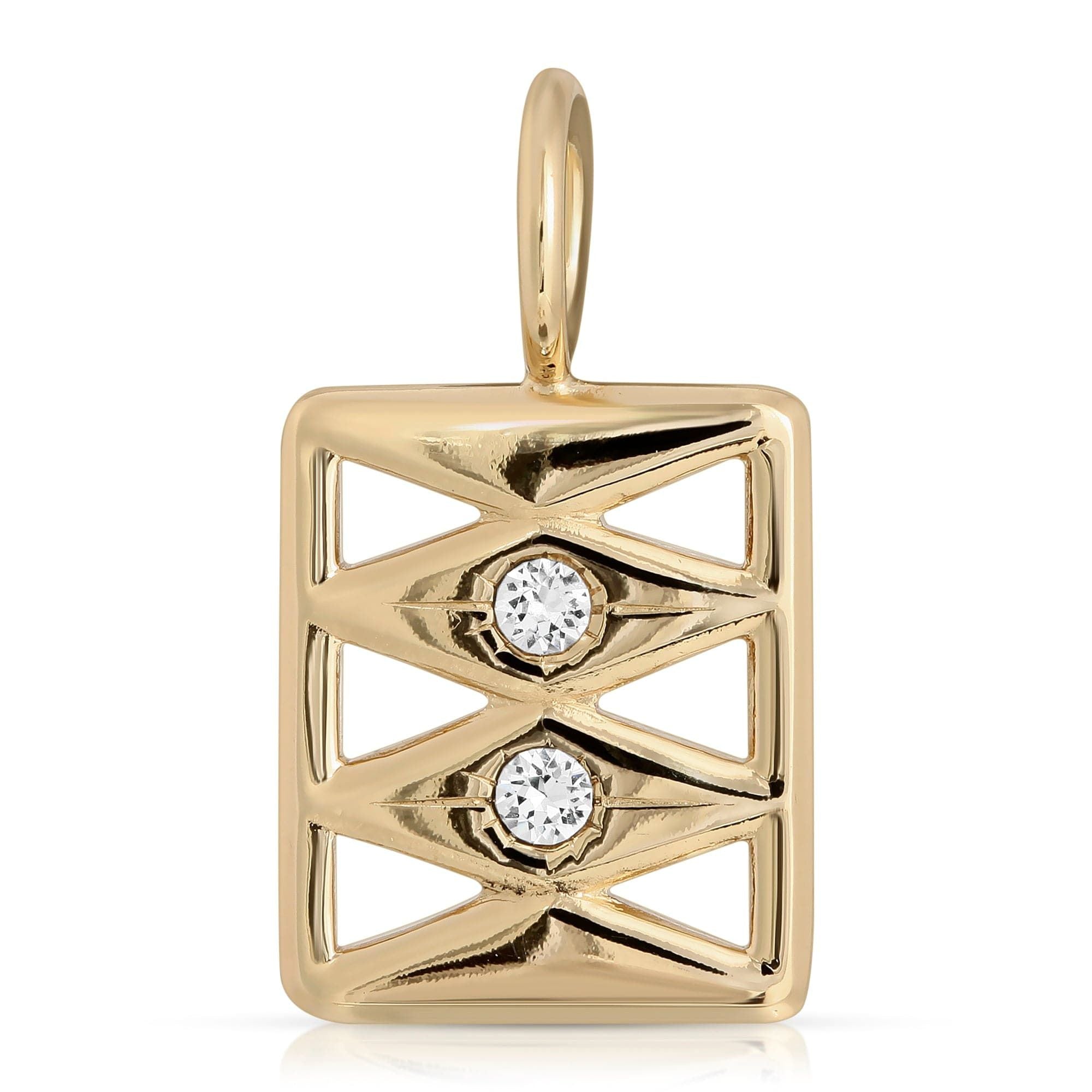 Gold Raea Charm pendant with two diamonds featuring wide handcrafted triangle shape cutouts