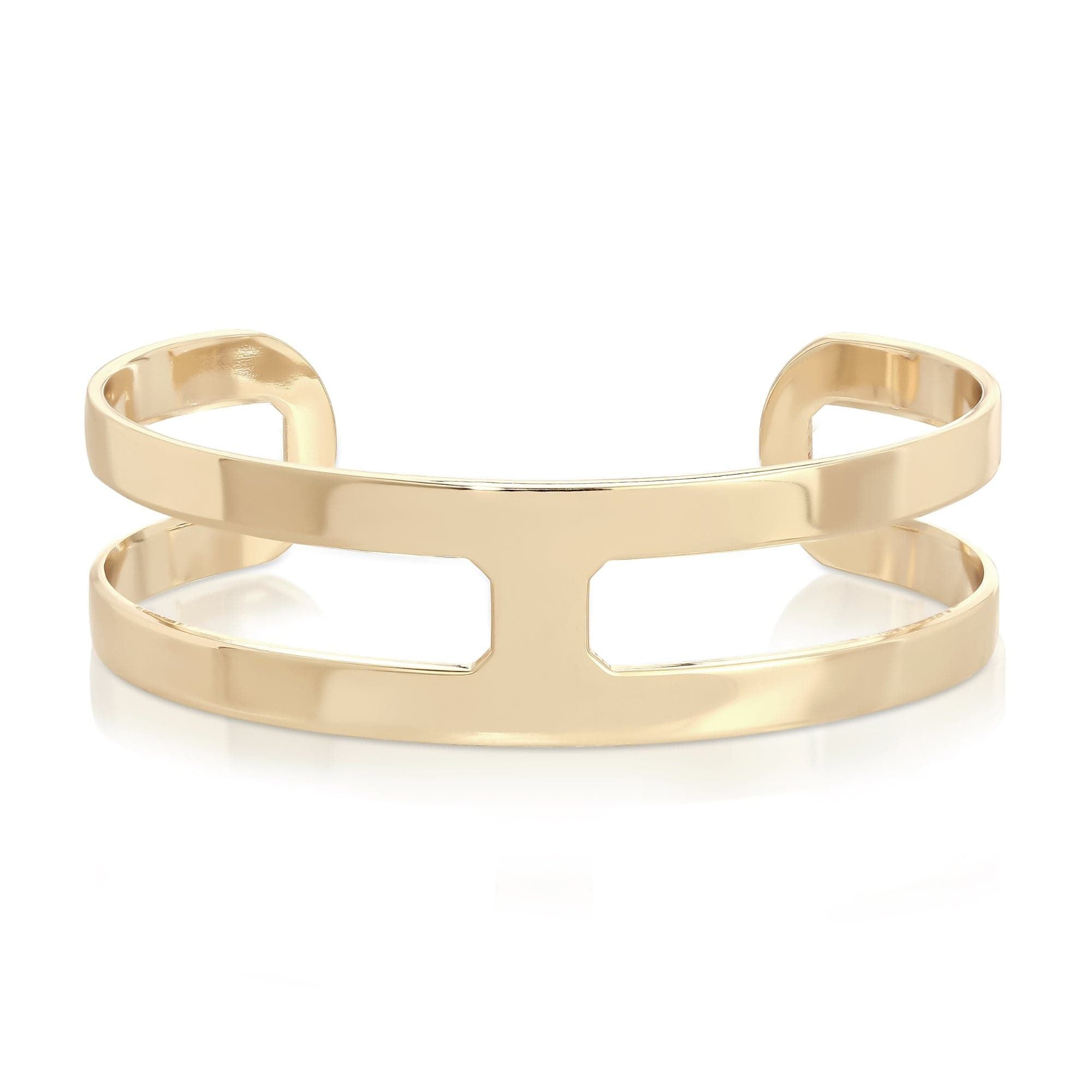 Gold-toned double-banded cuff bracelet with 14k gold plating and stylish brass finishes