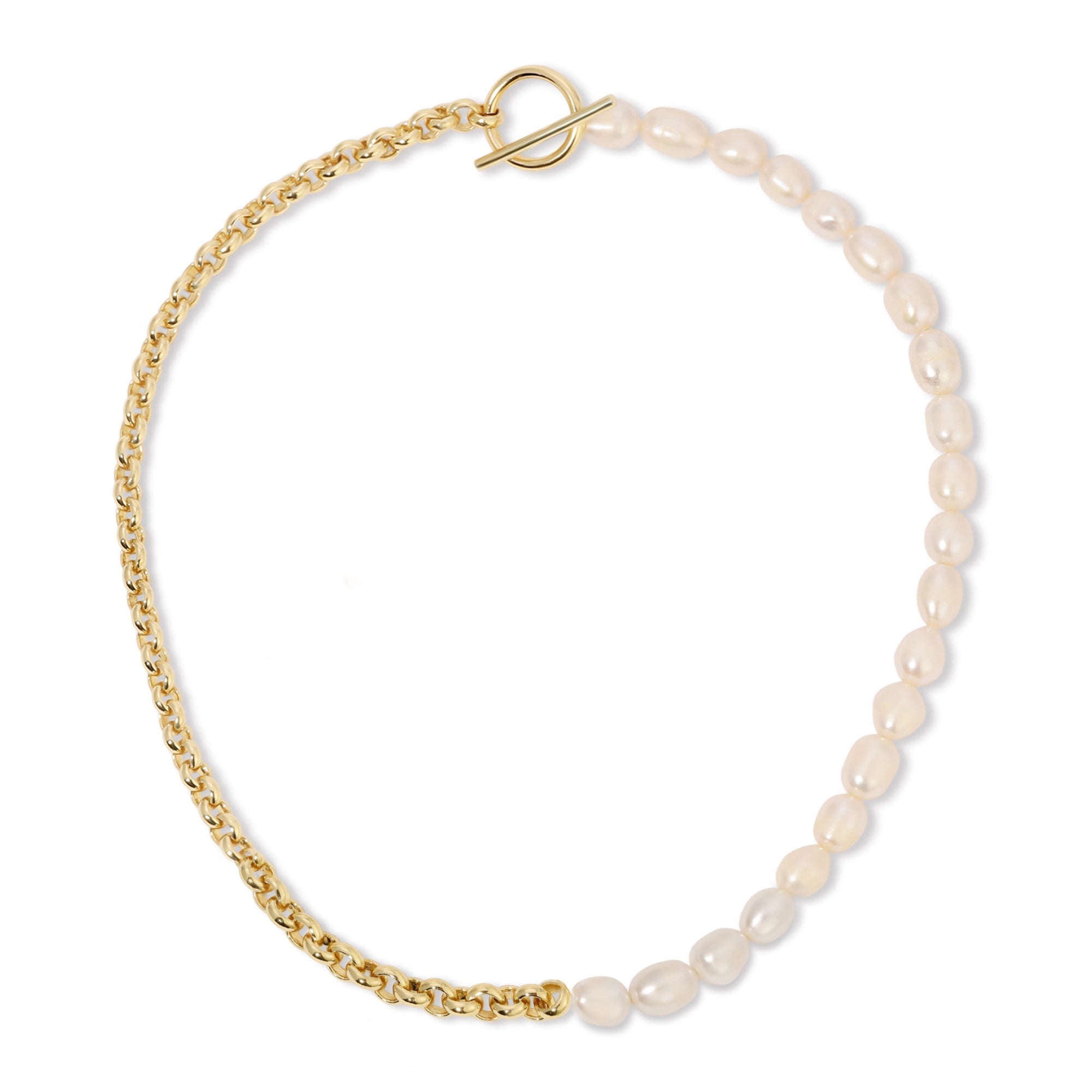 Gold chain and 7-8mm pearl necklace of the Rosie Necklace jewelry design