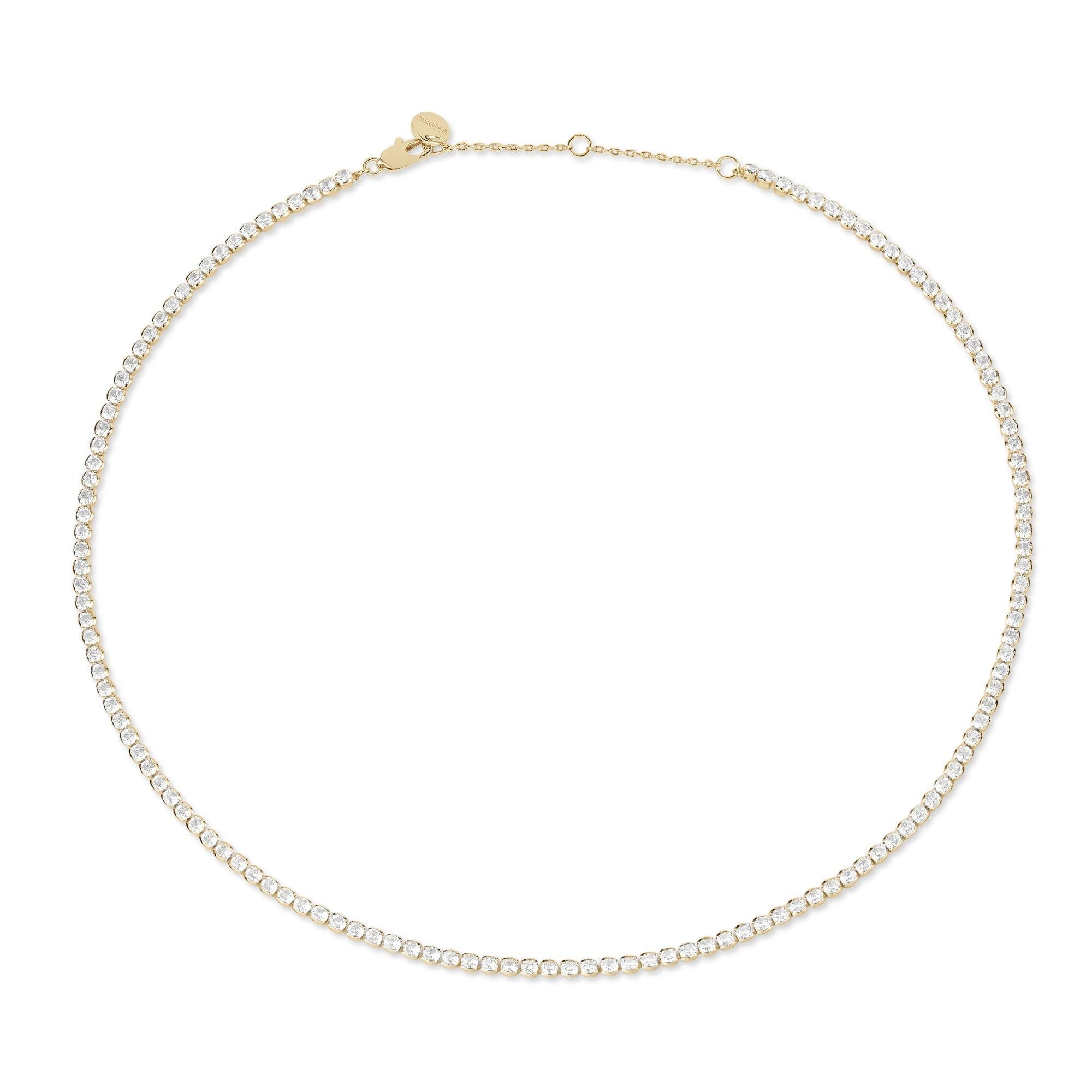 Gold and diamond Tennis Necklace featuring extender Round CZs and elegant design