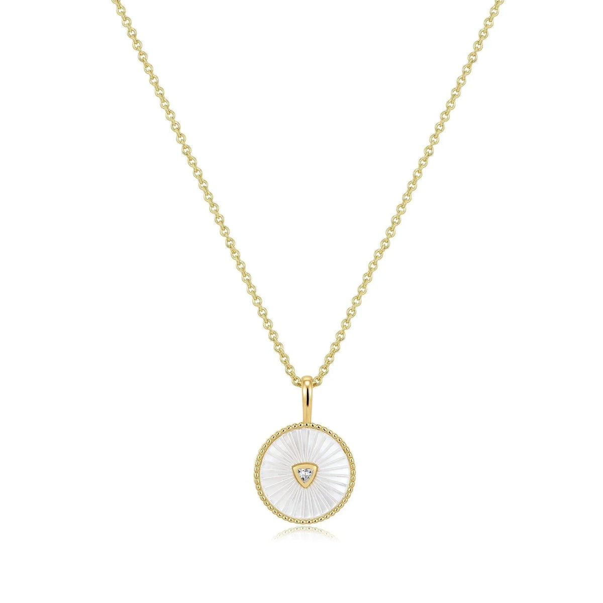 Gold necklace with a Mother Of Pearl pendant and a sparkling CZ stone for that dainty vibe