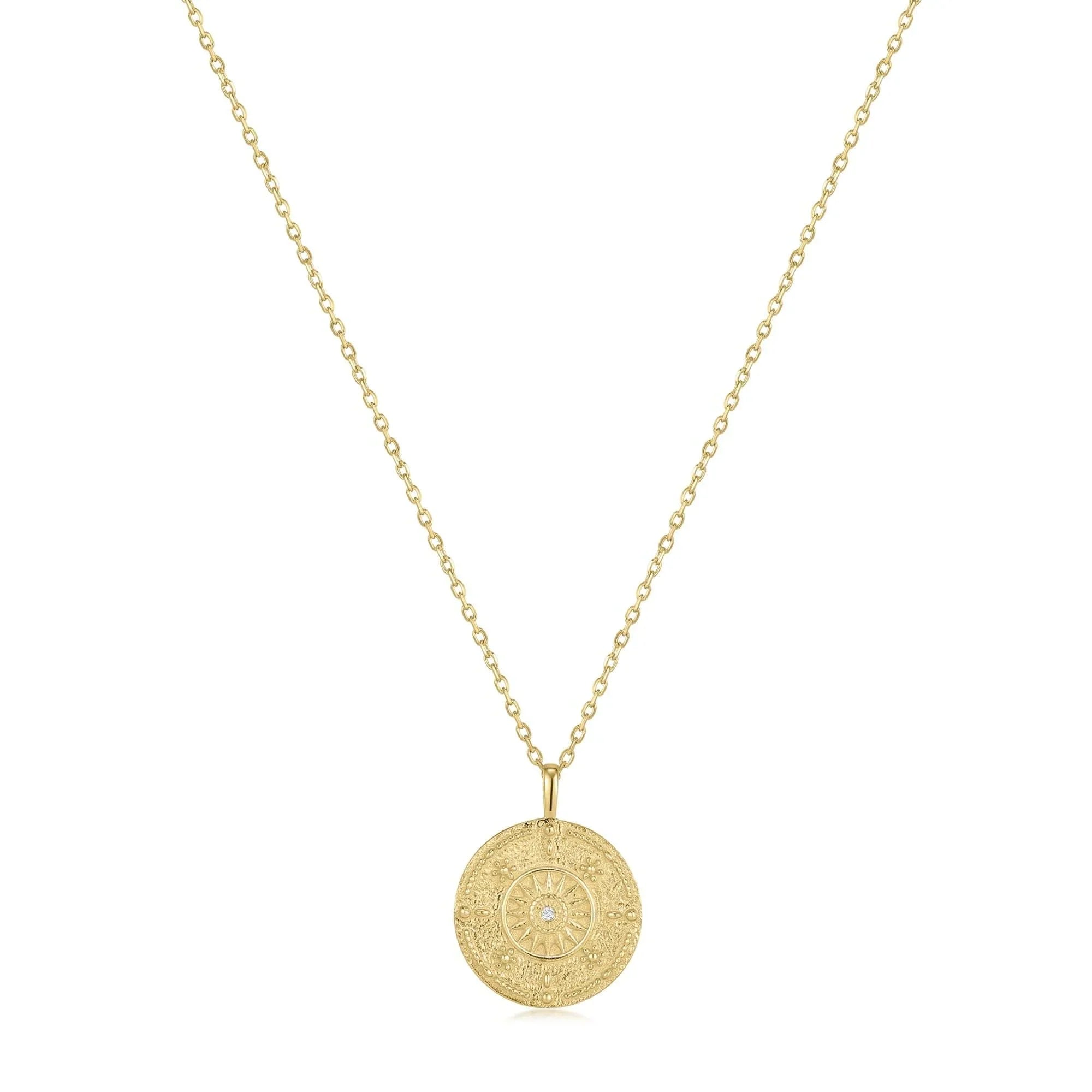 Round Sun Pendant With CZ Center Stone - 14k Gold Plated Sterling Silver - Pendant Necklaces