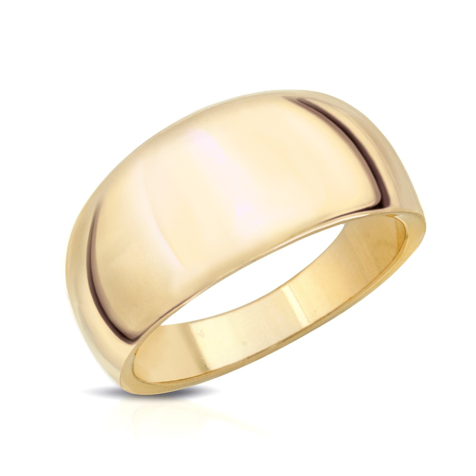 Polished gold band ring in the Rowan Ring, crafted from tapered domed recycled brass