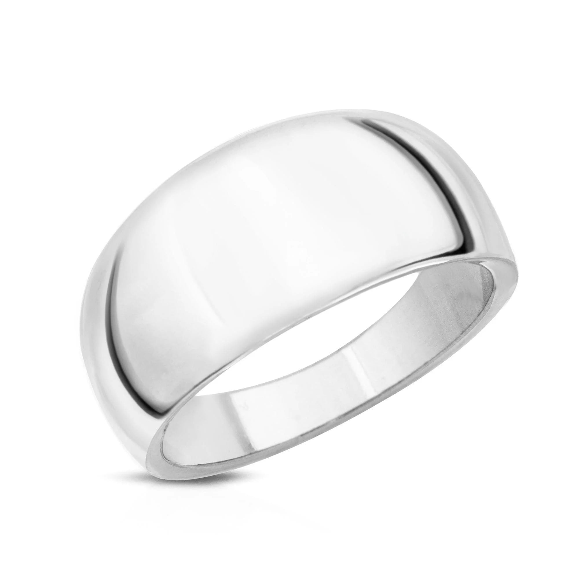 Polished silver band ring from Rowan Ring featuring tapered domed recycled brass design
