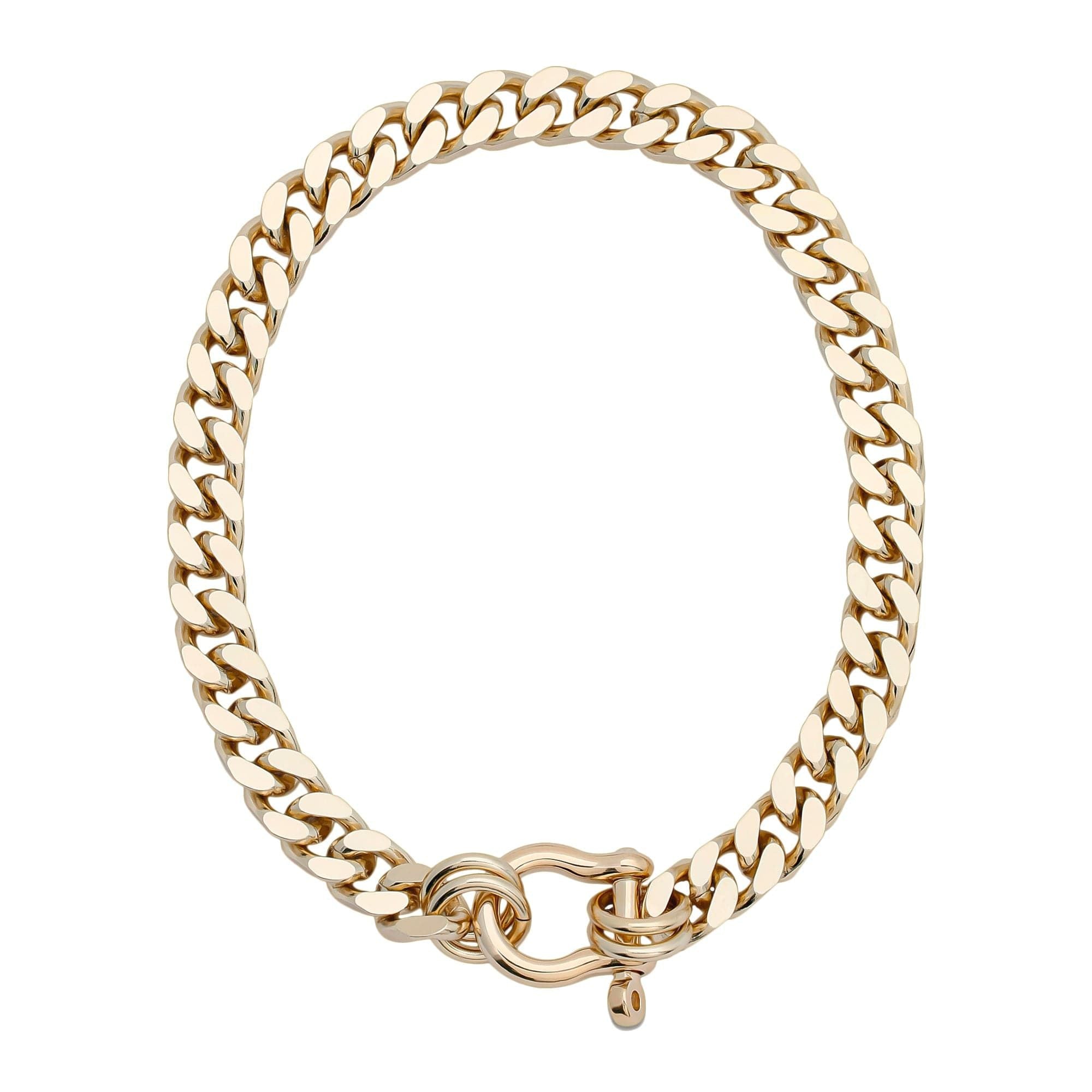 Gold chain bracelet with horseshoe clasp from Roxy Necklace, featuring squared-off brass curb