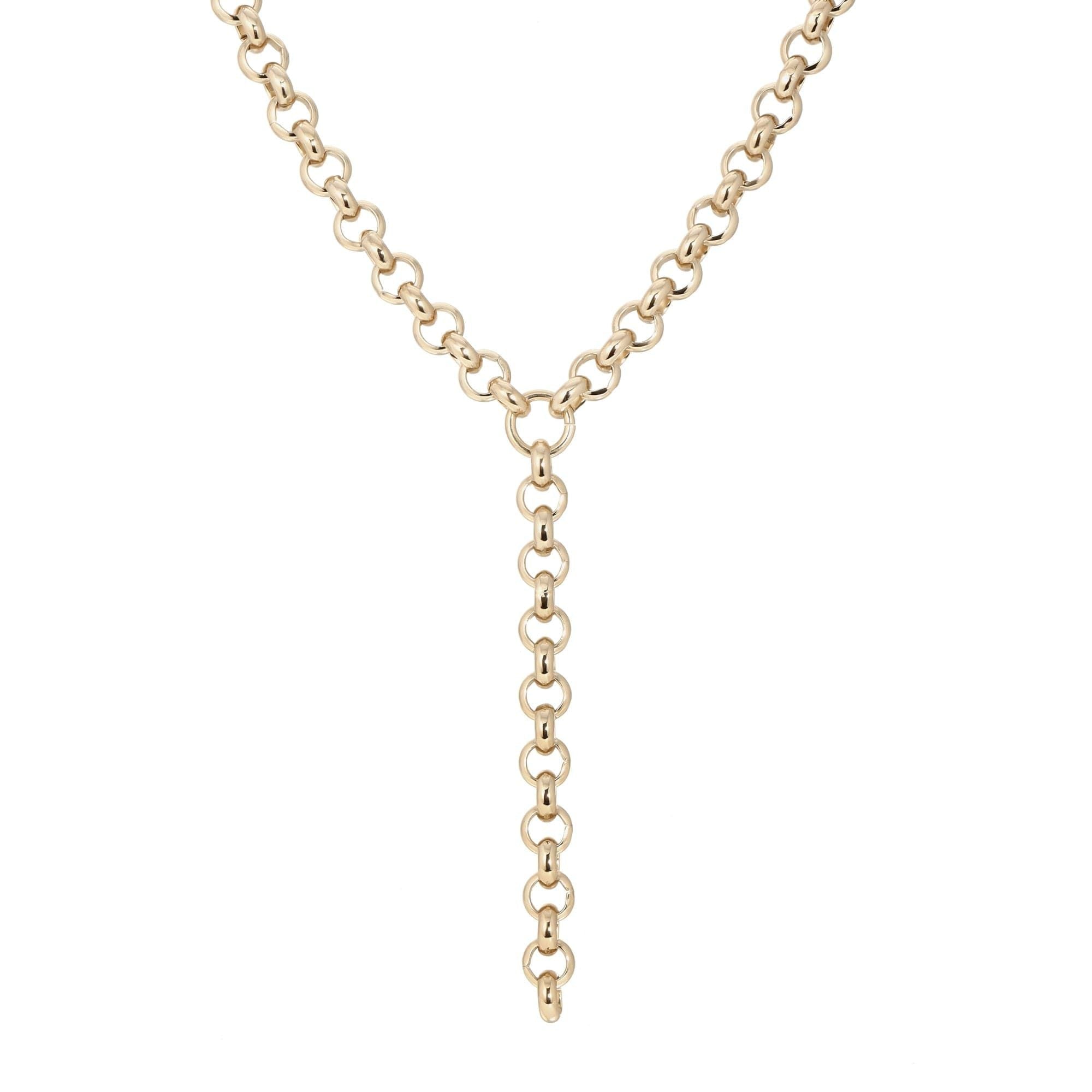 Gold-toned Royal Rolo Chain Lariat featuring a Y-shaped drop in recycled brass rolo