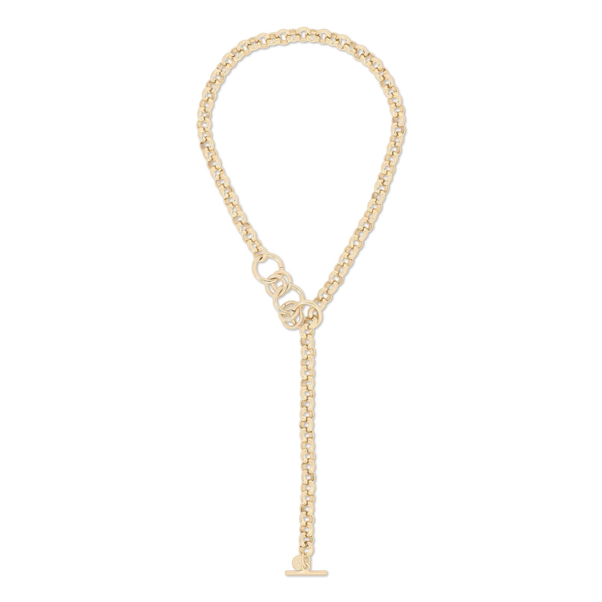 Gold chain necklace with T-bar closure in 14k gold plating featuring ecoat rolo chain