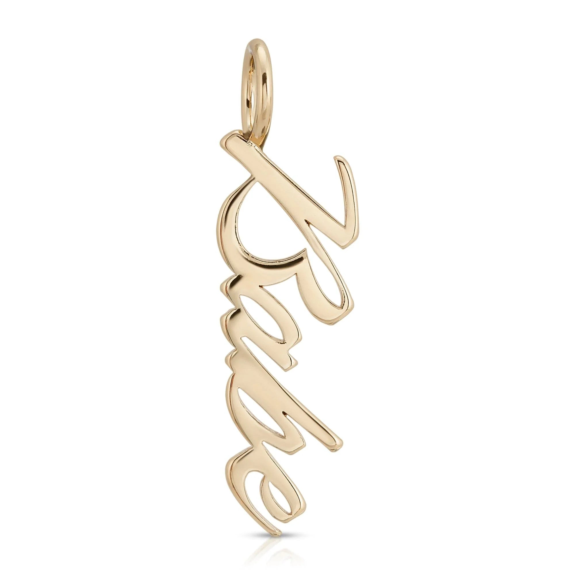 Gold Raelye pendant from Script Pendant Babe collection, recycled brass plated babe pendant measures