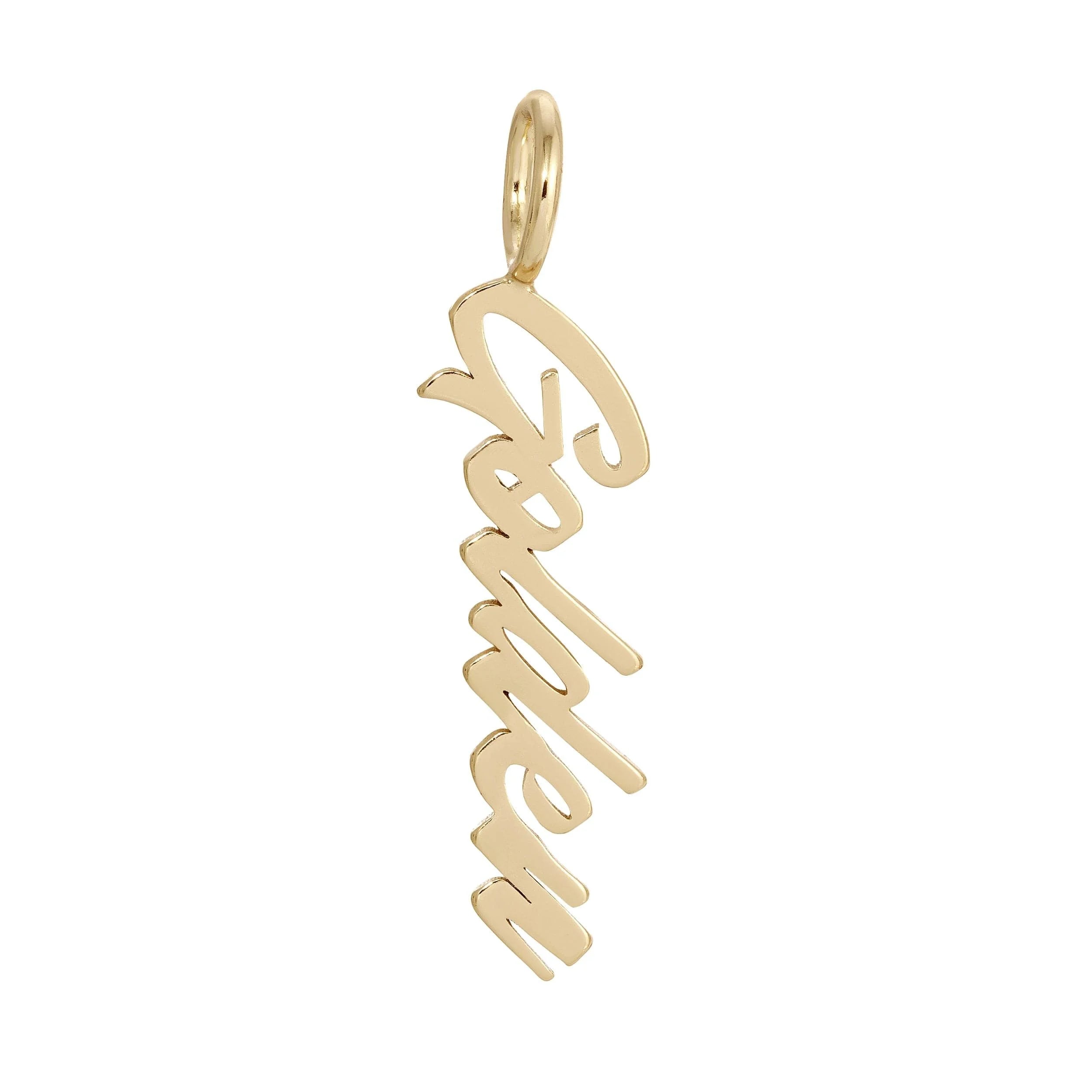 Gold name pendant featuring a script pendant design, perfect for personalized word pendants