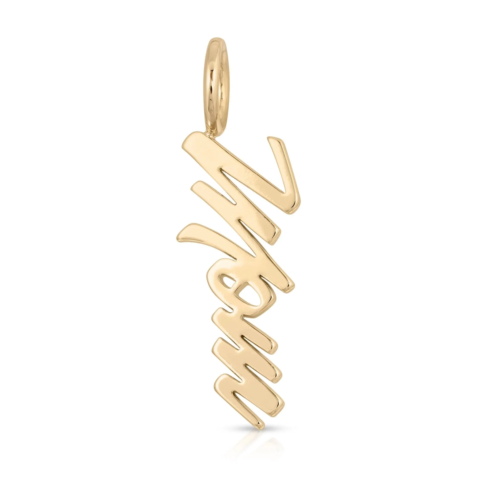 Gold Script Mom Pendant in recycled brass plated with protective coating for sentimental jewelry