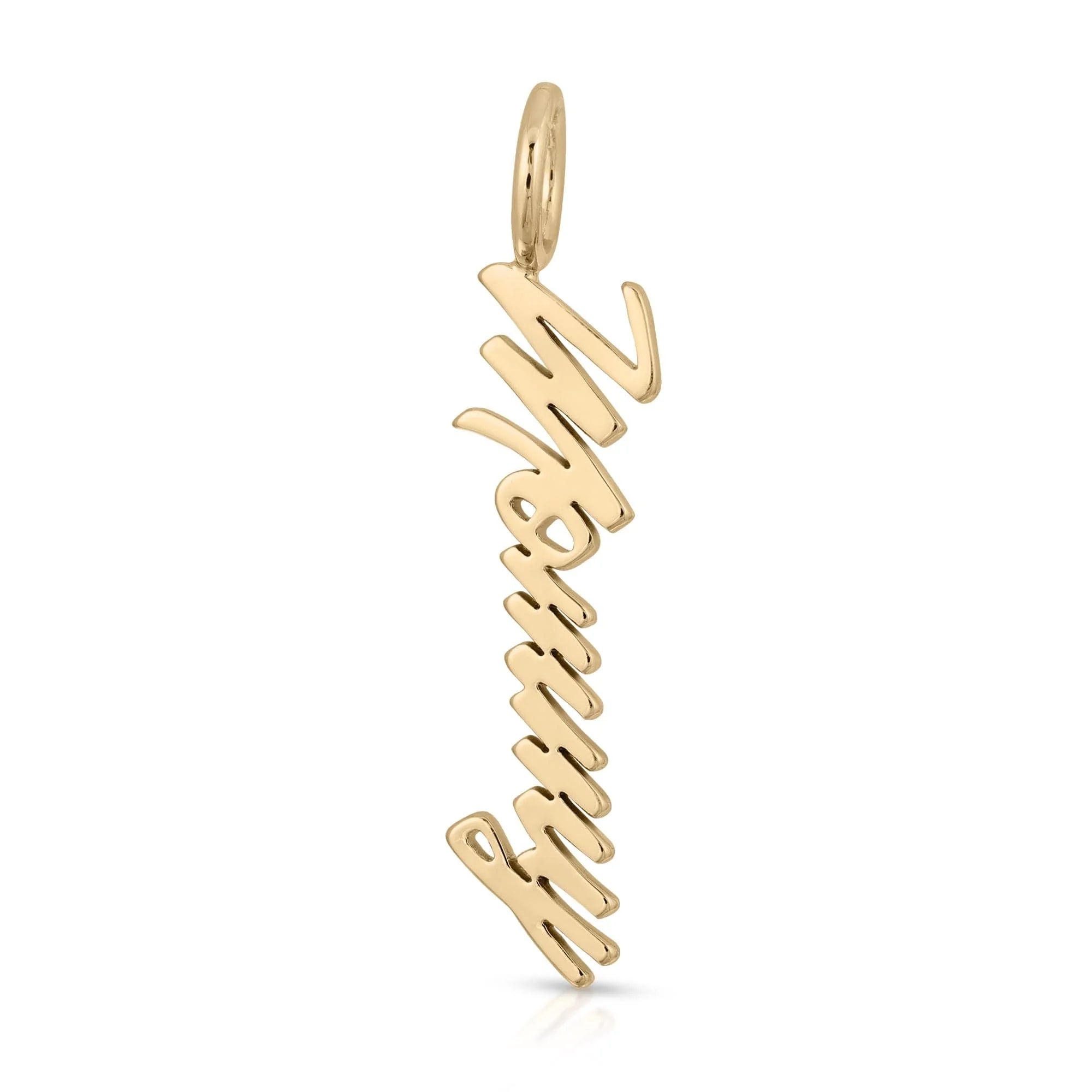 Gold Valentina pendant from the Script Mommy Pendant collection crafted in recycled brass plated material
