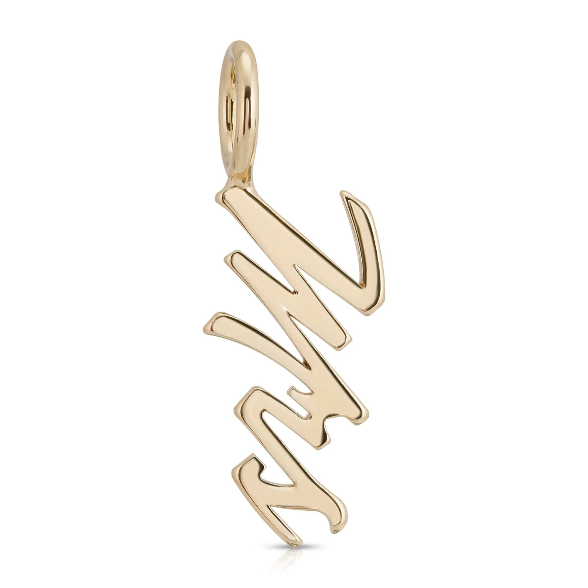 Gold Script MRS Pendant with stylized letters, recycled brass plated, measures 2 inches