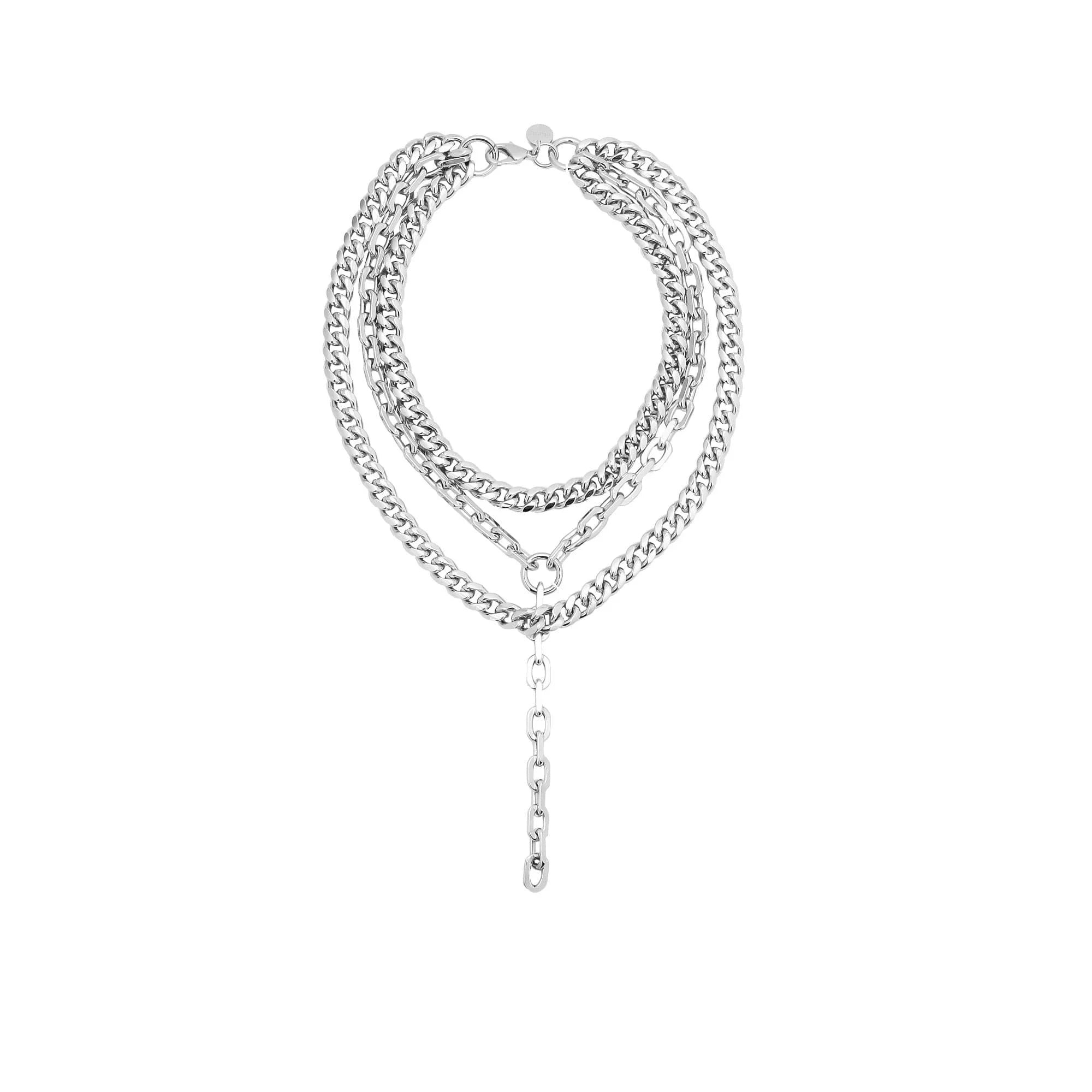 Serenity Necklace featuring a silver layered rounded curb chain with curb chain fastened and clear protective coating