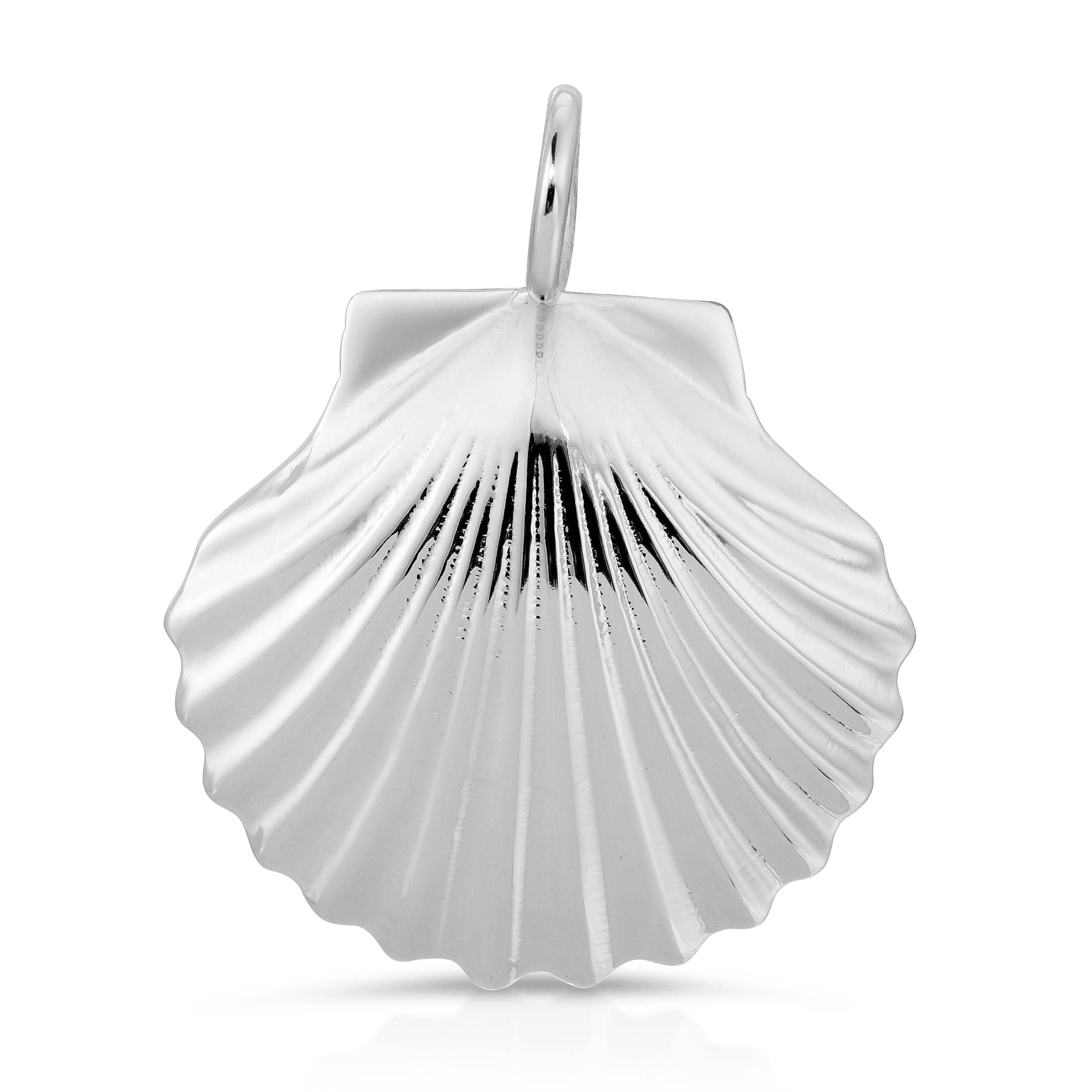 Silver seashell pendant from Shelly Pendant featuring recycled brass finishes and rhodium plating