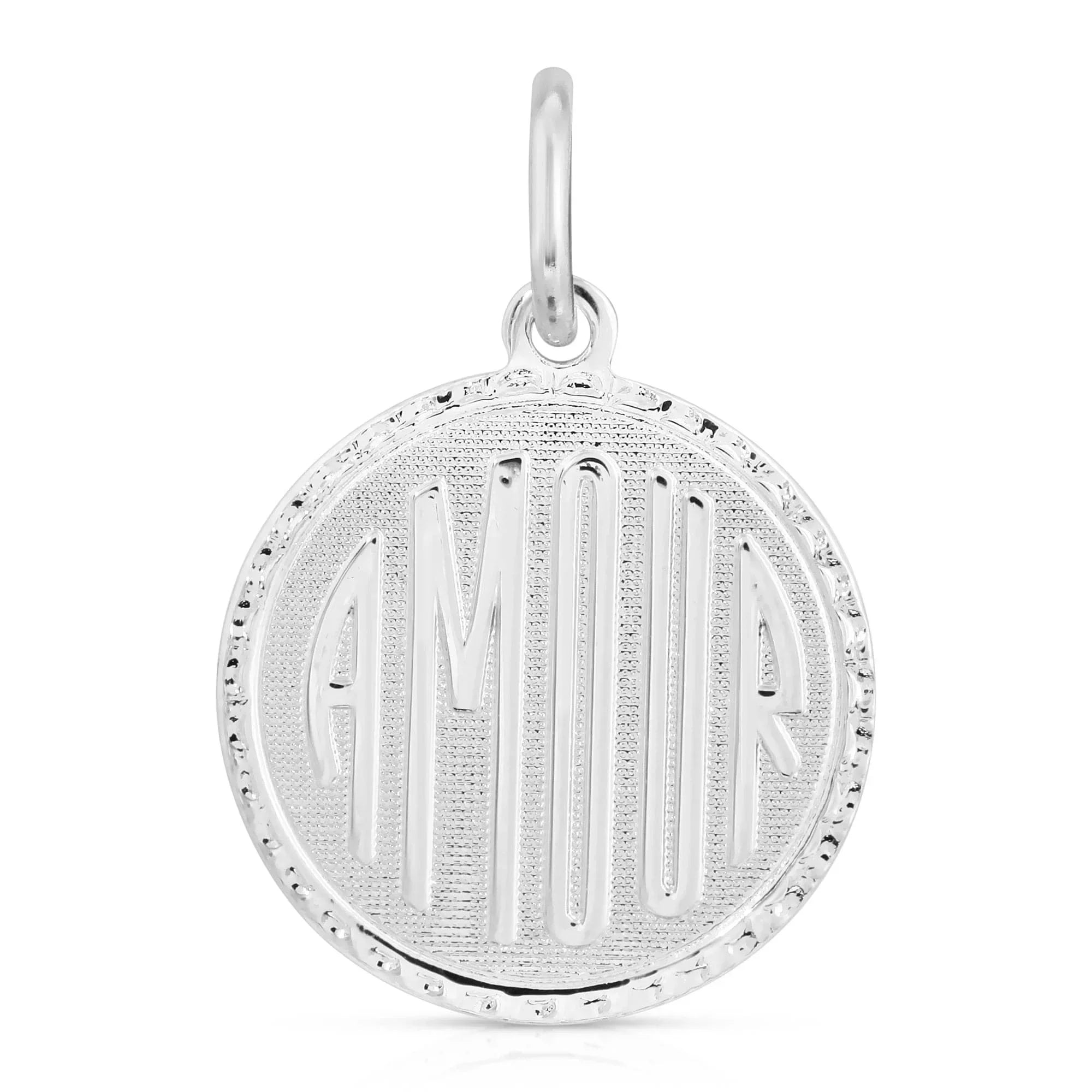 Silver Anabelle Charm pendant with AMOUR inscription on a sleek silver necklace