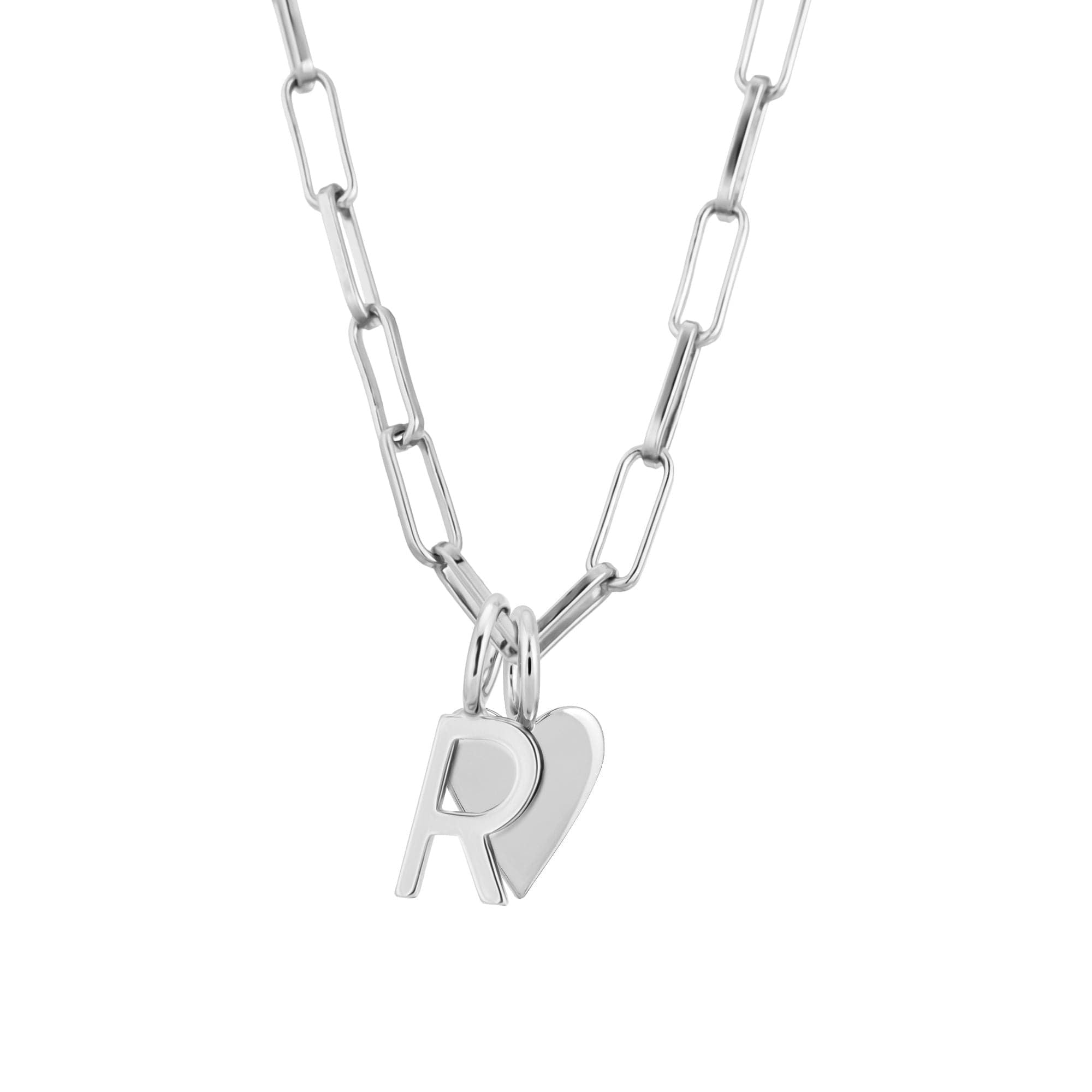 Silver Cara Charm Necklace with letter and heart charms on an elongated link chain