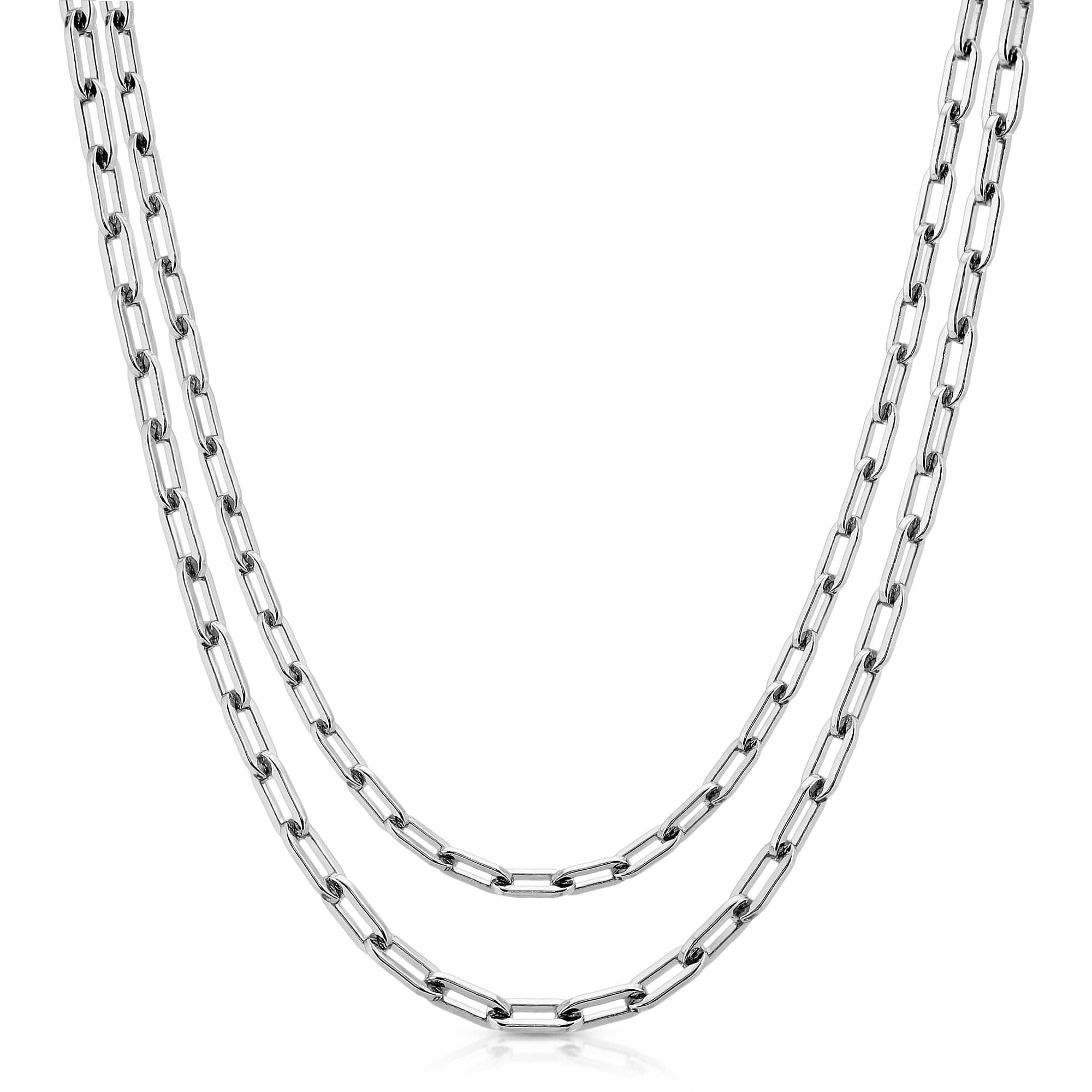 Two silver paperclip chain necklaces made with brass link chain and protective coating