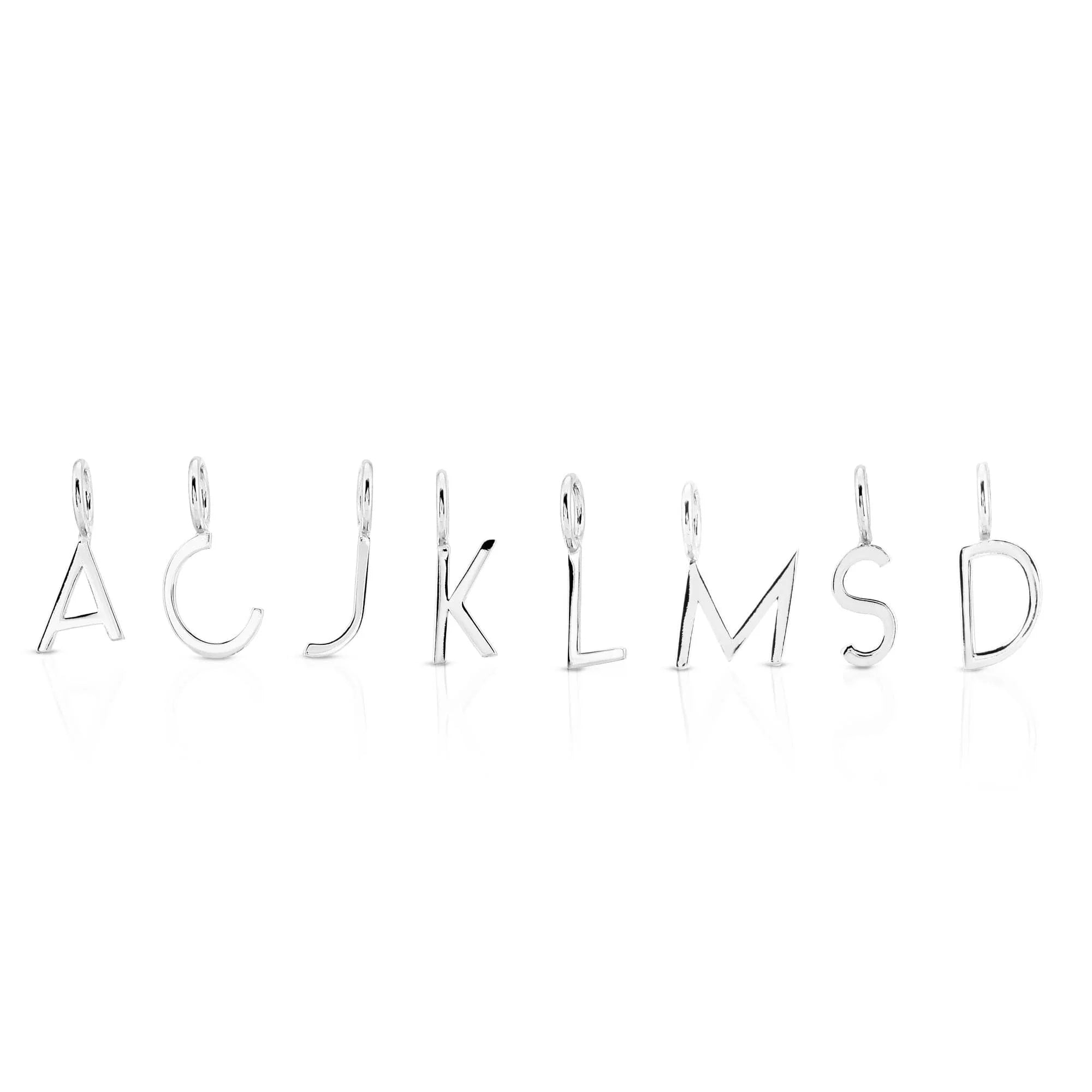 Silver Essential Letter Charms made from recycled brass plated letters charms for jewelry