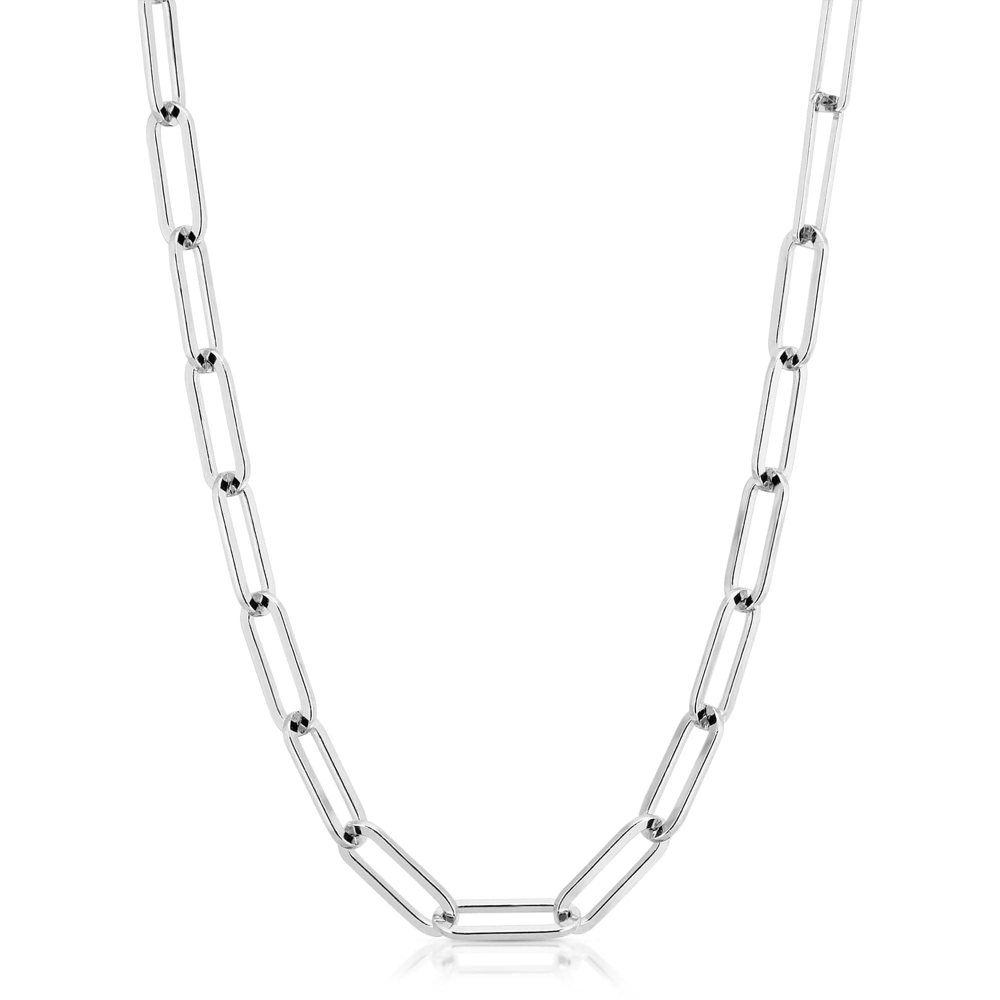 Silver large elongated link chain necklace emphasizing large recycled brass paper links