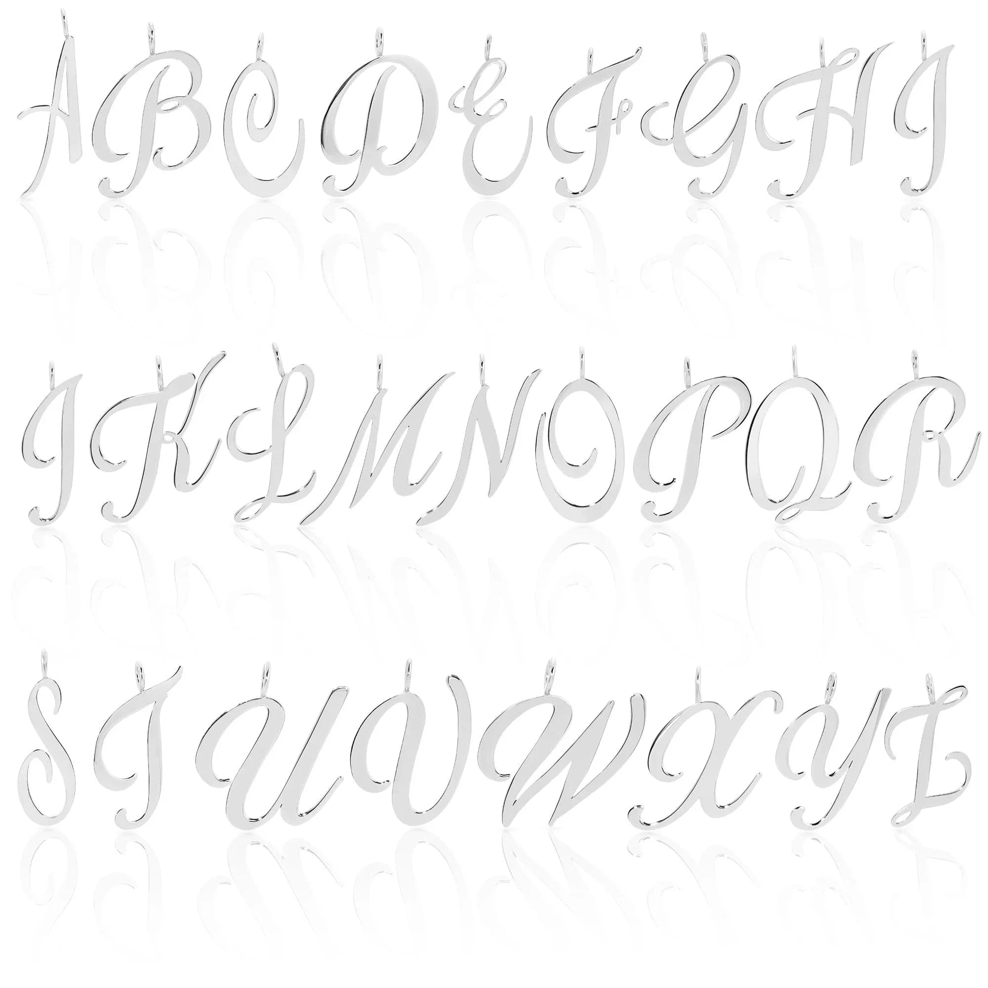 Silver cursive alphabet pendants on a necklace, perfect for customizing jewelry look
