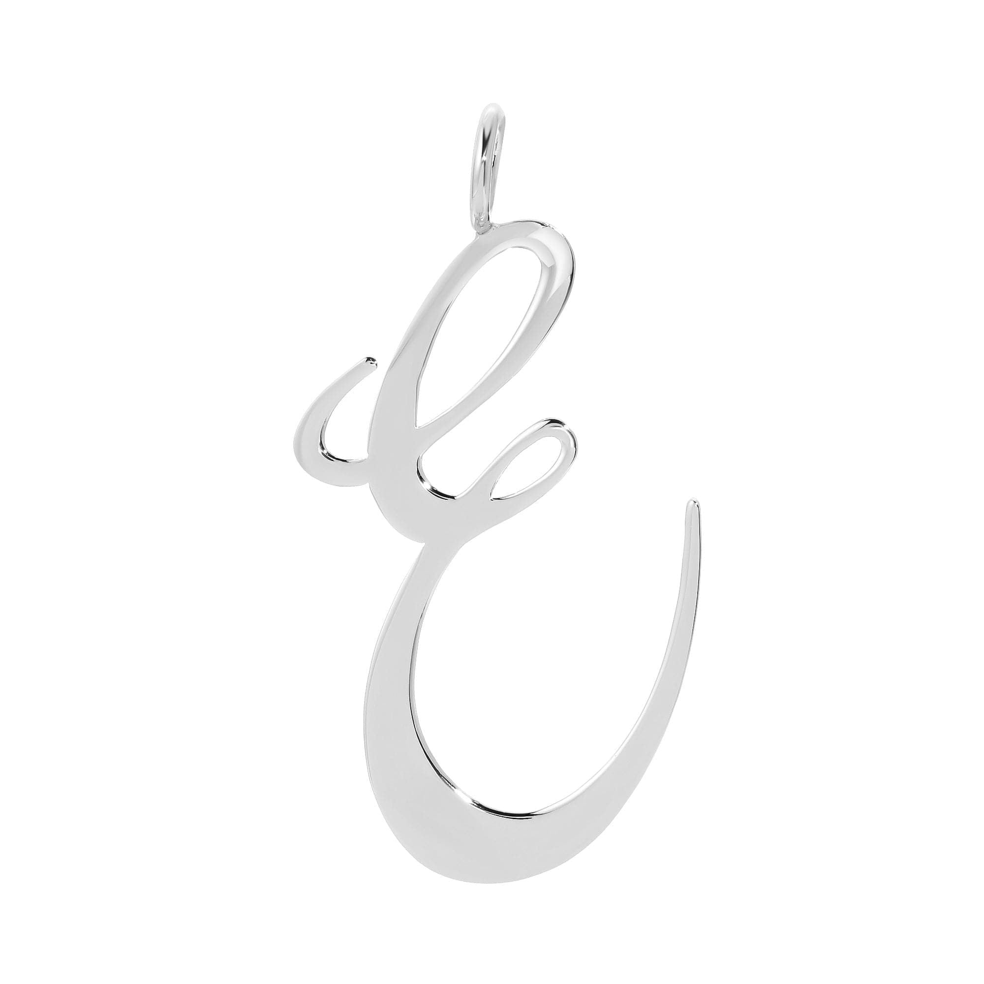 Silver cursive letter e pendant showcasing large letter pendants for a personalized touch