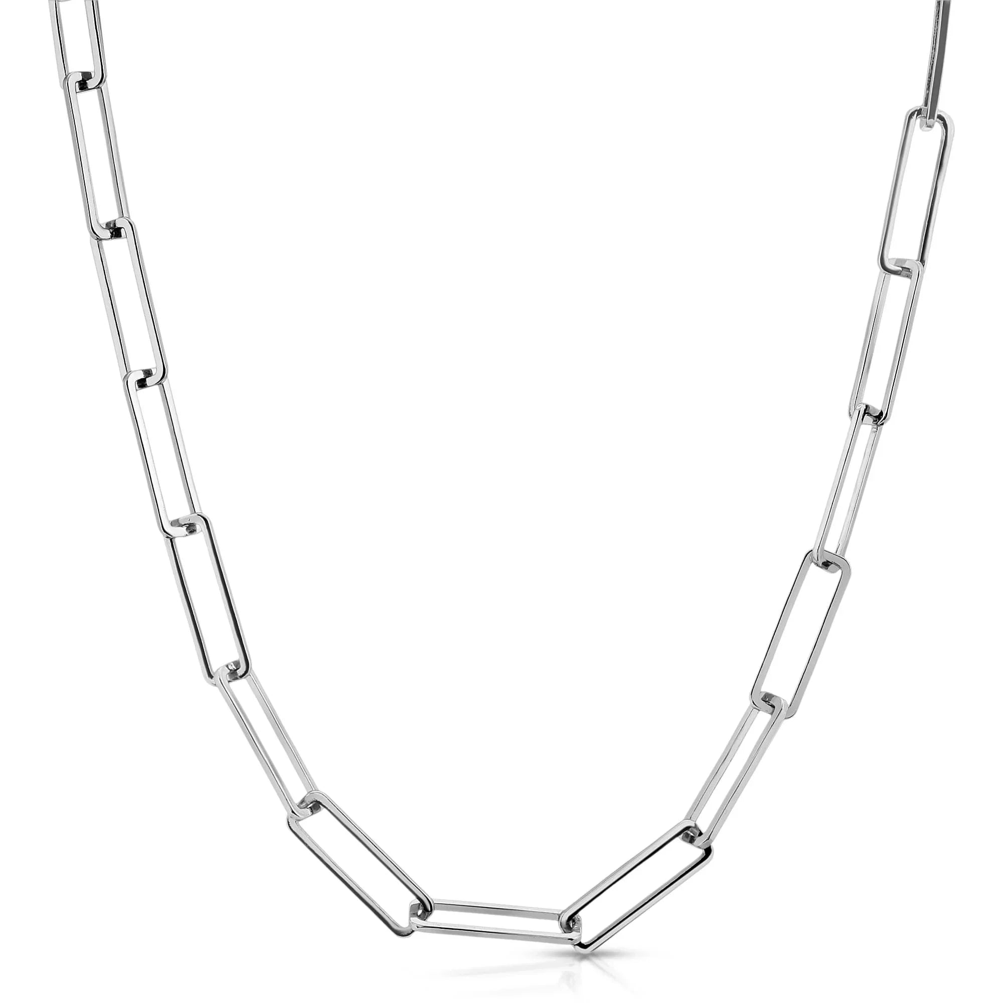 Silver large rectangle link chain displayed in a stylish jewelry image