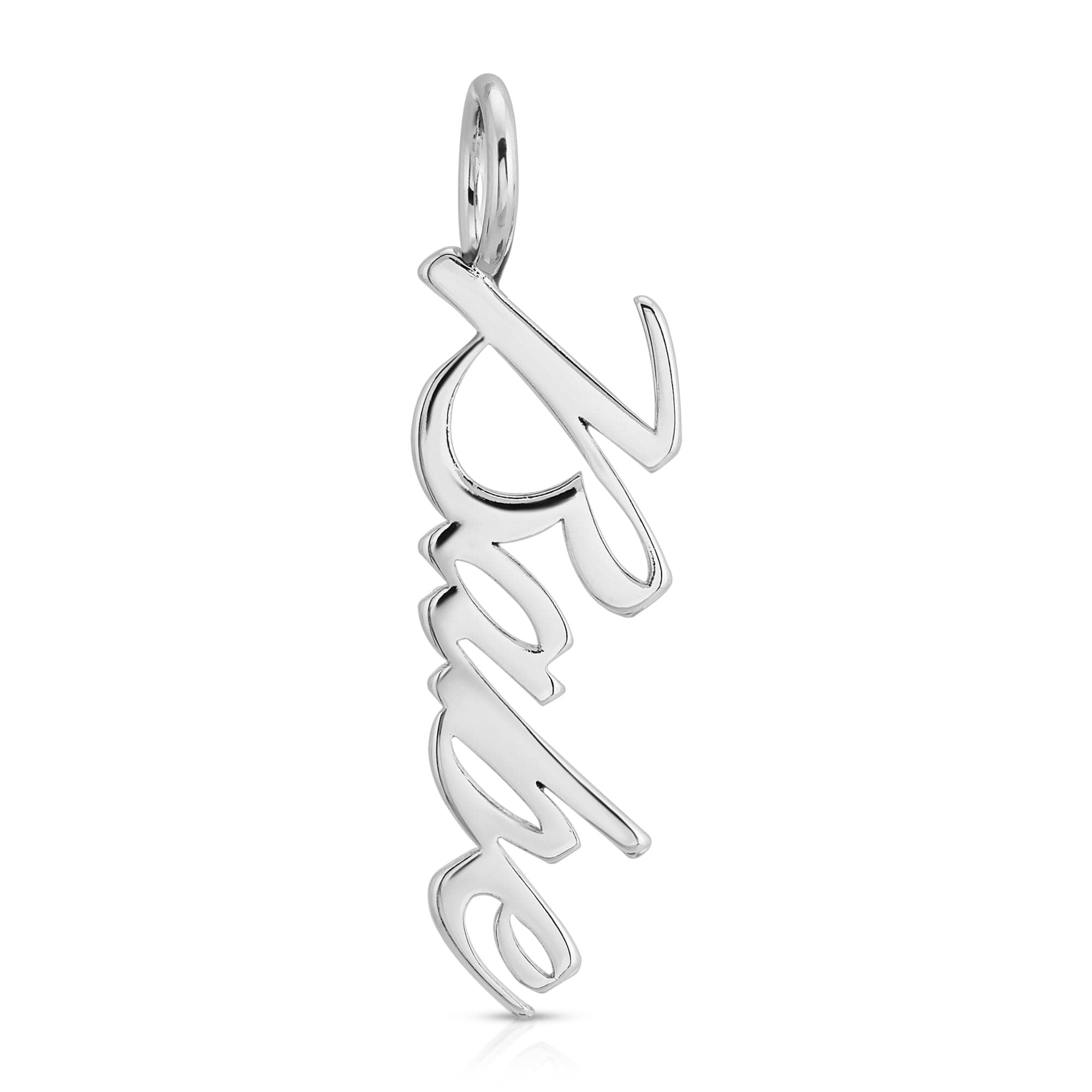 Silver Raige name pendant, part of the Silver Script Pendant Babe collection, brass plated rhodium