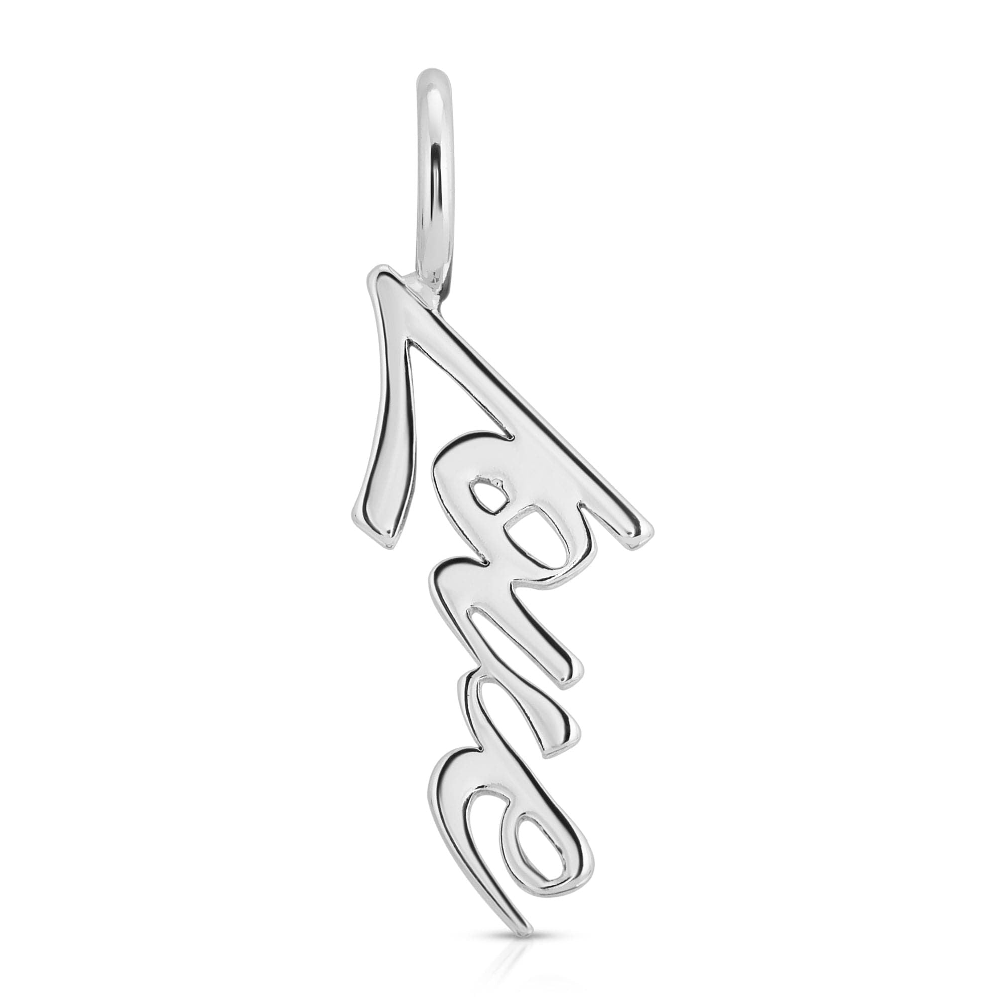 Silver Script Pendant Love featuring a silver cursive pendant with protective coating