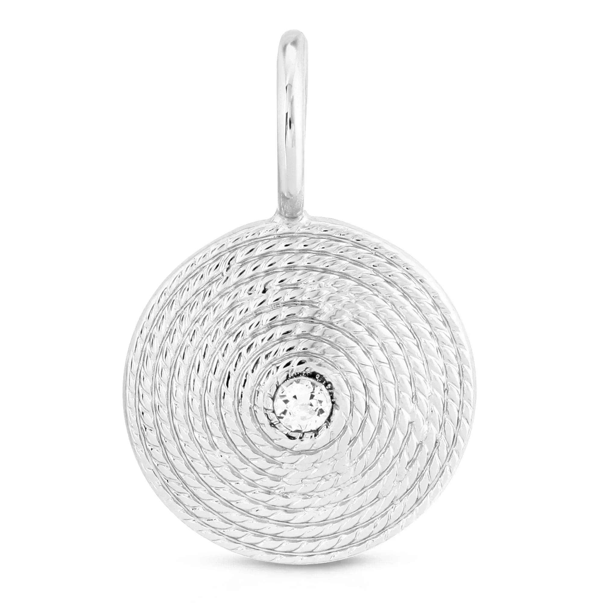 Silver Zena Pendant with a shiny spiral design and a sparkling central gemstone