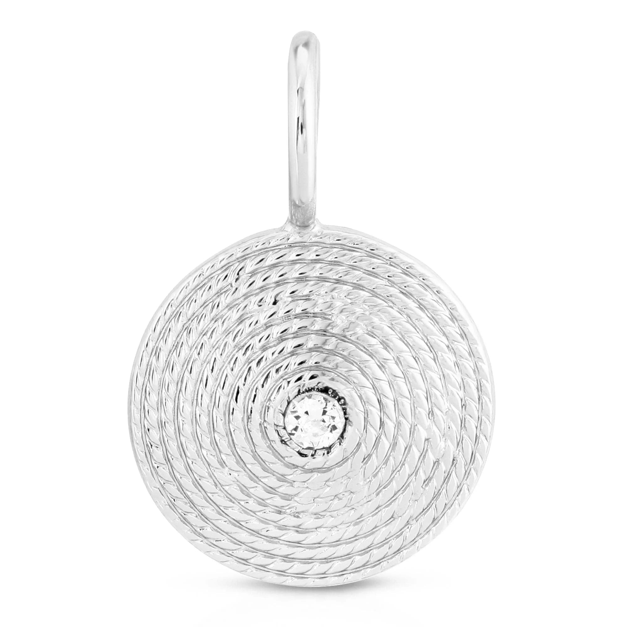 Silver Zena Pendant with round rope texture and central gemstone, recycled brass plated