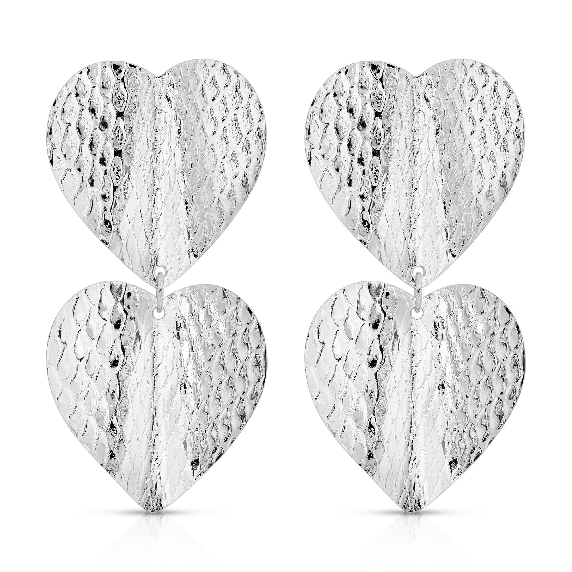 Silver heart drop earrings with snake skin texture, showcased as Small Heathrow Earrings