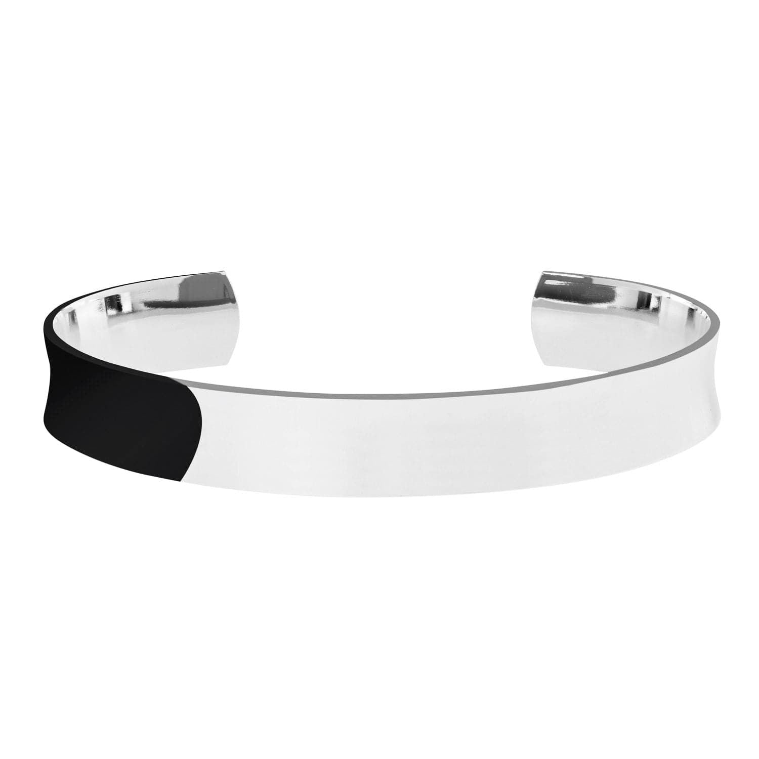 Small Inverted Domed Cuff in silver and black, featuring an inch wide recycled brass design