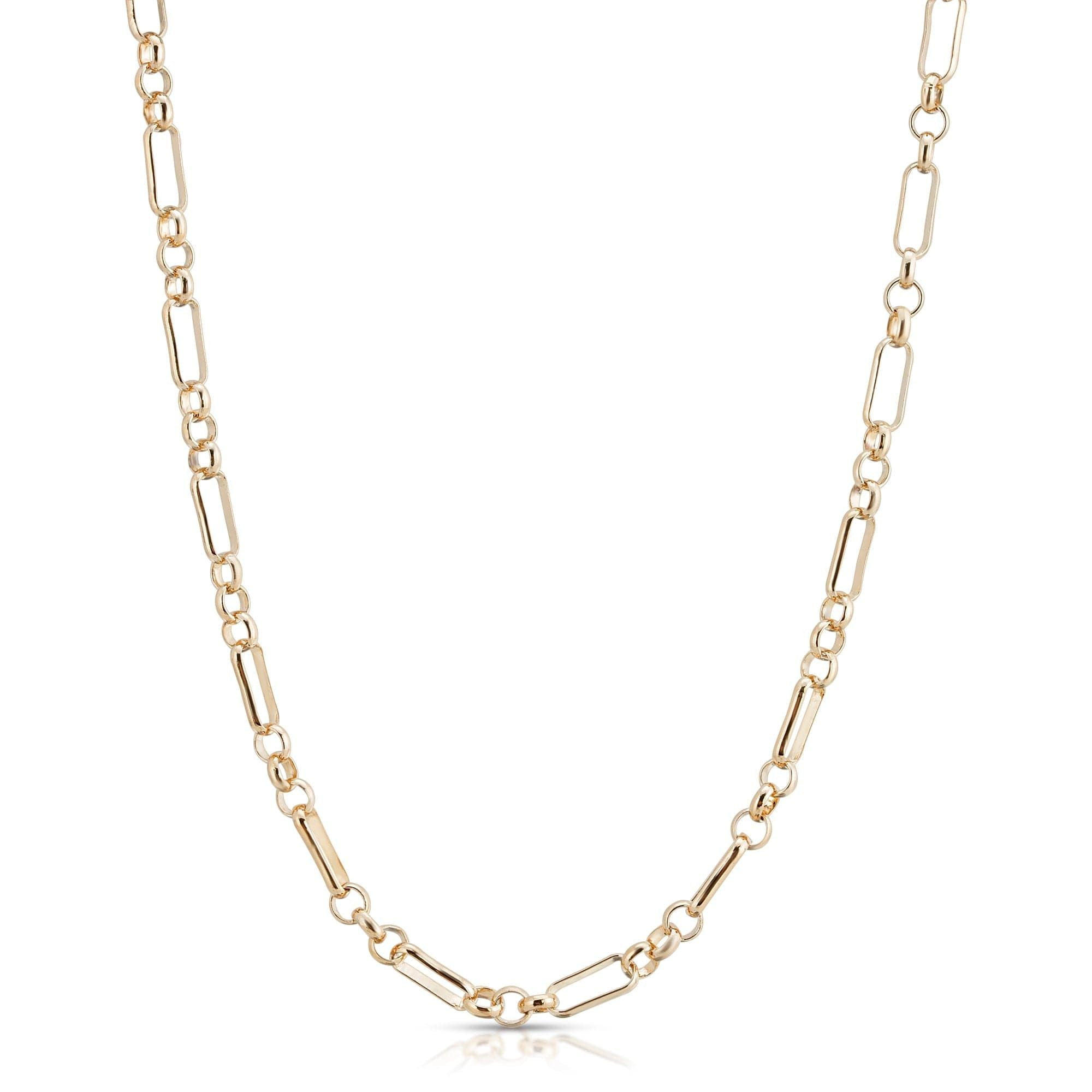 Gold-toned multi shaped recycled brass chain necklace, perfect for elegant accessorizing