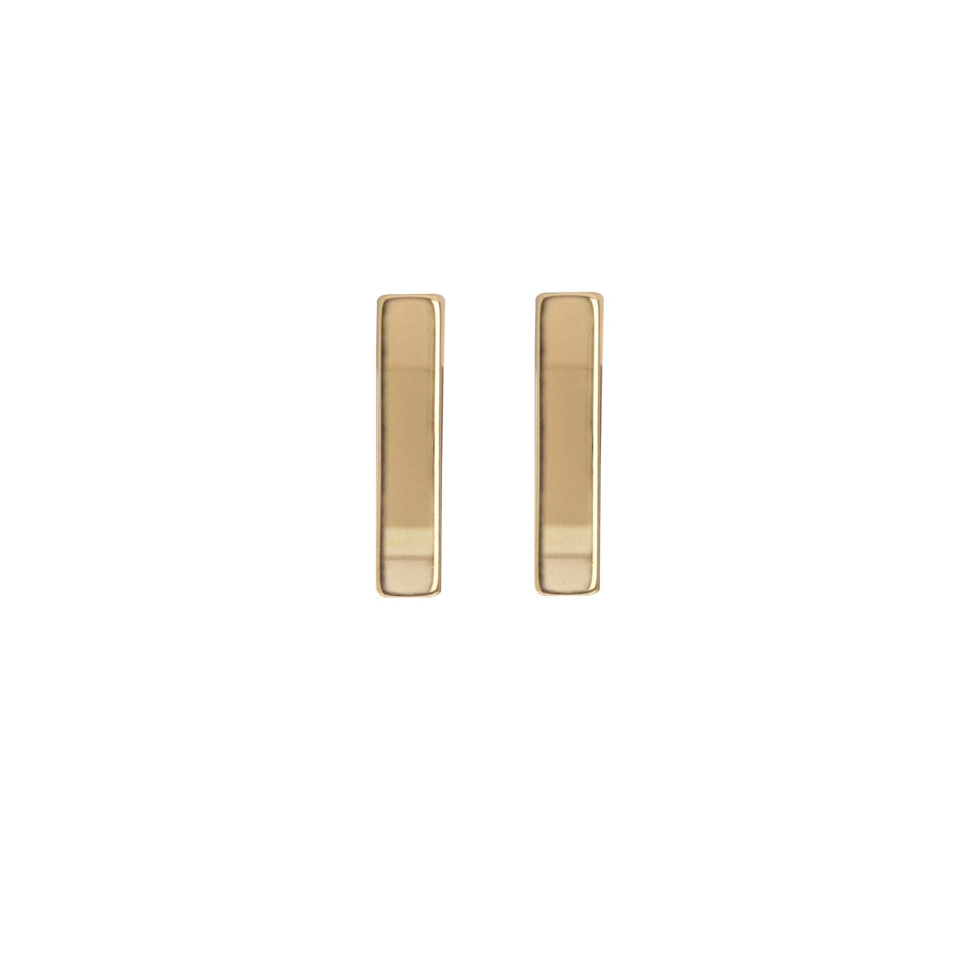 Pair of 14k yellow gold stick earrings with a polished finish and rhodium plating