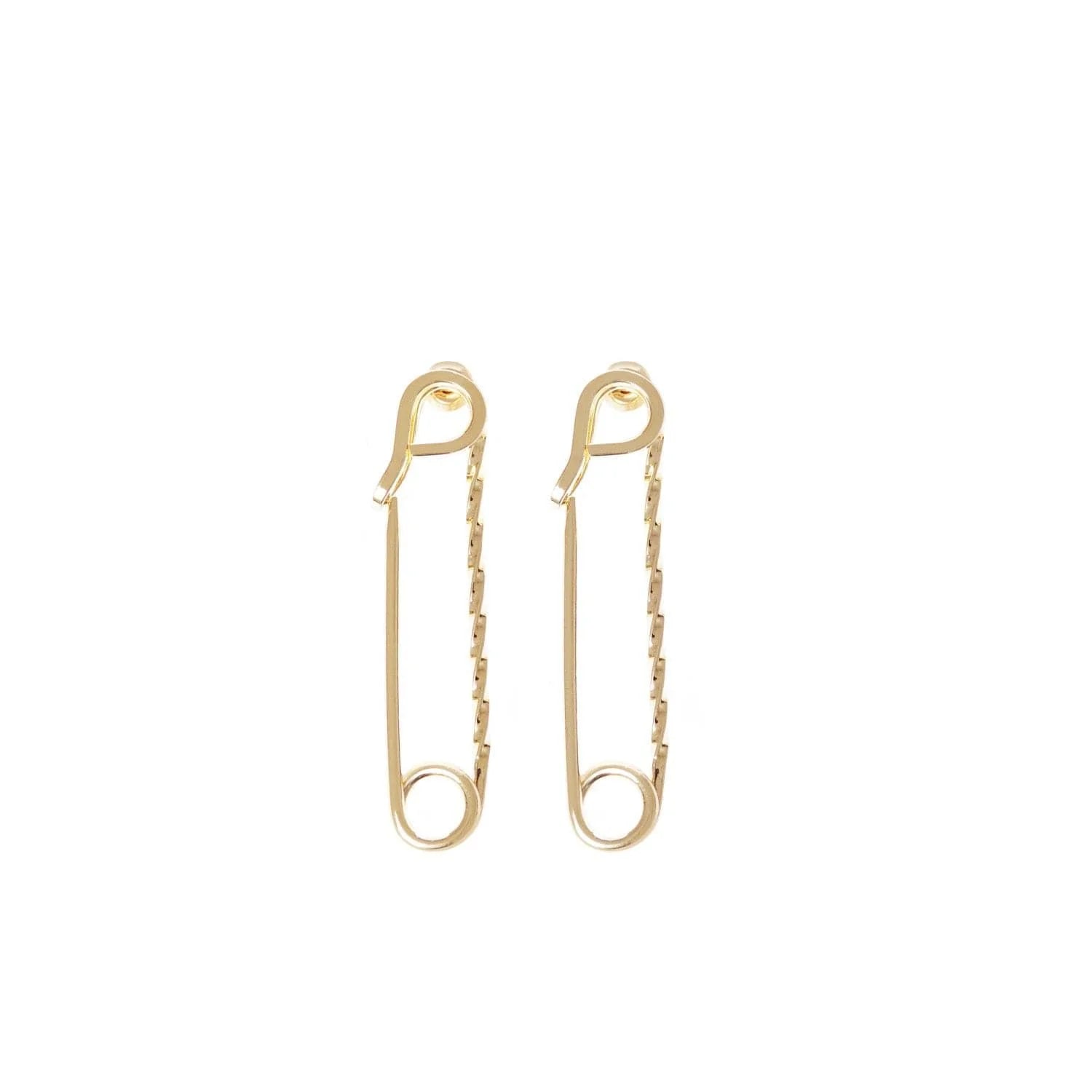 Small twisted safety pin earrings in 14k yellow gold rhodium finish