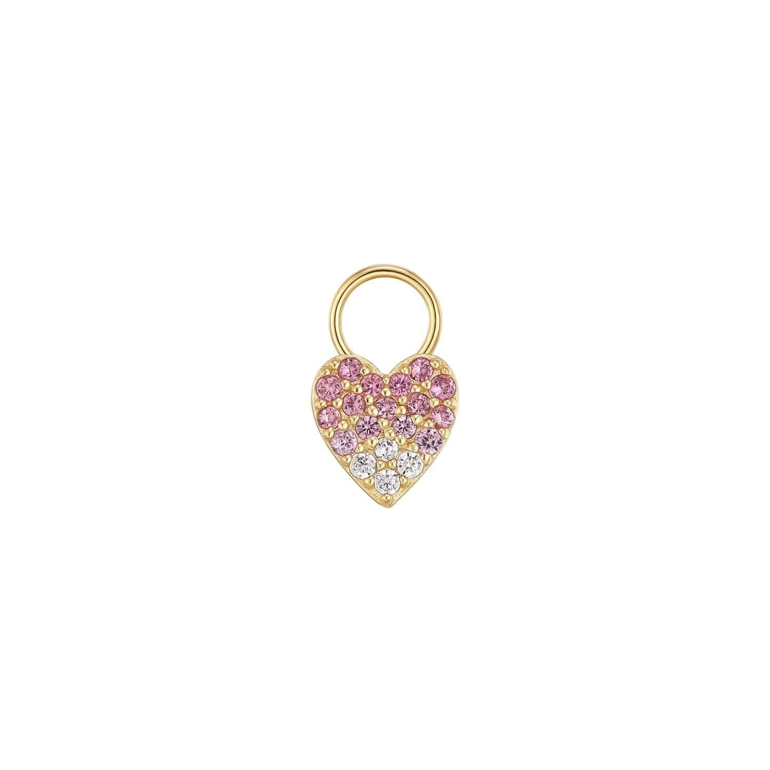 Gold heart charm with pink and white gemstones on Solid Cz Heart Hoop Charm earrings