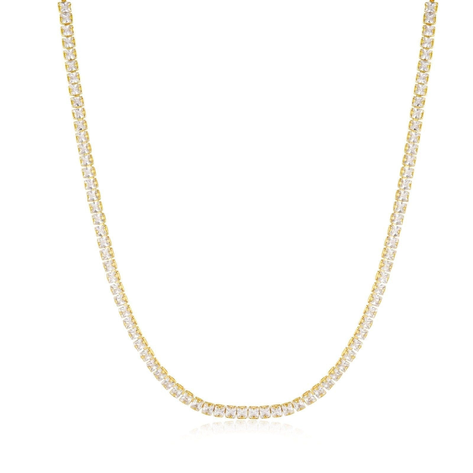 Gold Square CZ Tennis Necklace featuring elegant square-cut stones and extender