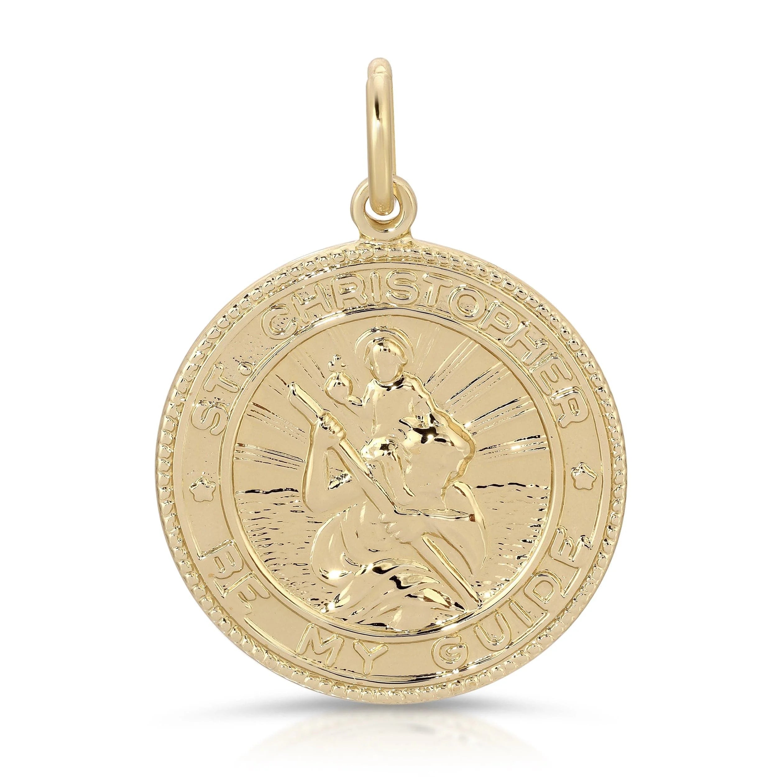 Gold St Christopher Pendant in recycled brass finishes with rhodium plating and ecoat