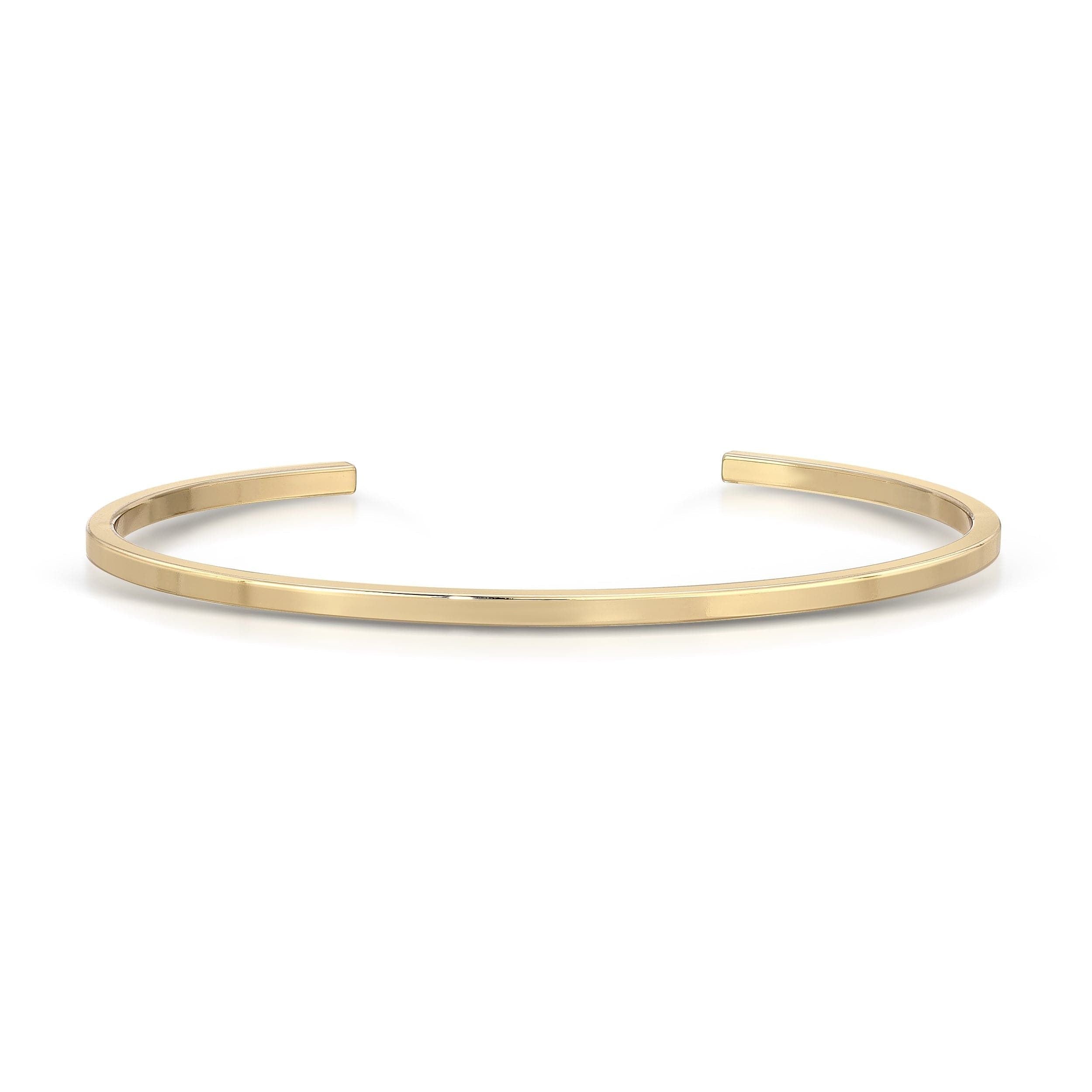 Gold-colored metal cuff bracelet with 14k gold plating, named Super Thin Square Cuff