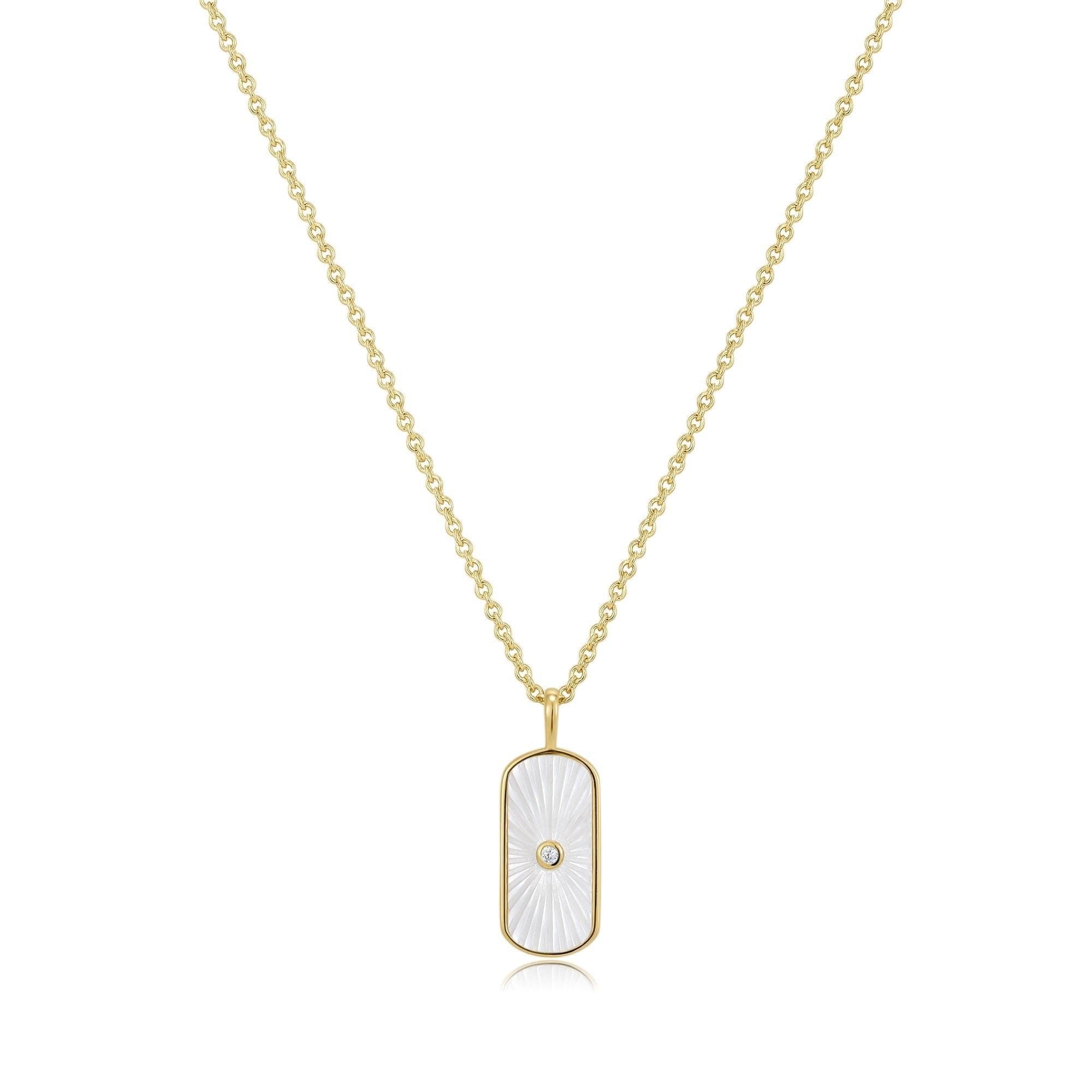 14k Gold Vermeil Necklace featuring Tag-Shaped Mother-of-Pearl Pendant with CZ Stone