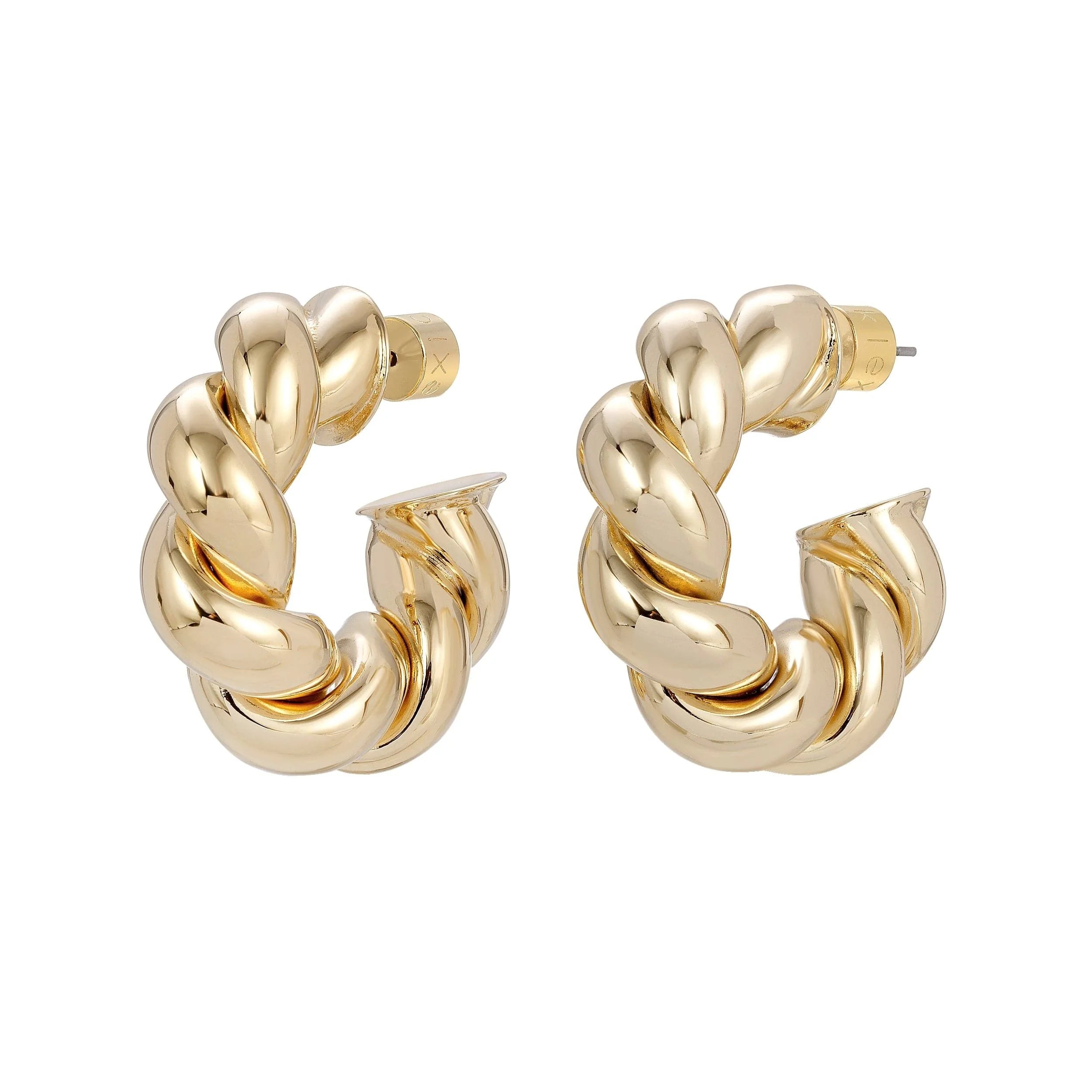 Tallulah Hoops to pair of gold twisted hoop earrings made from recycled brass with rhodium-silver measurements