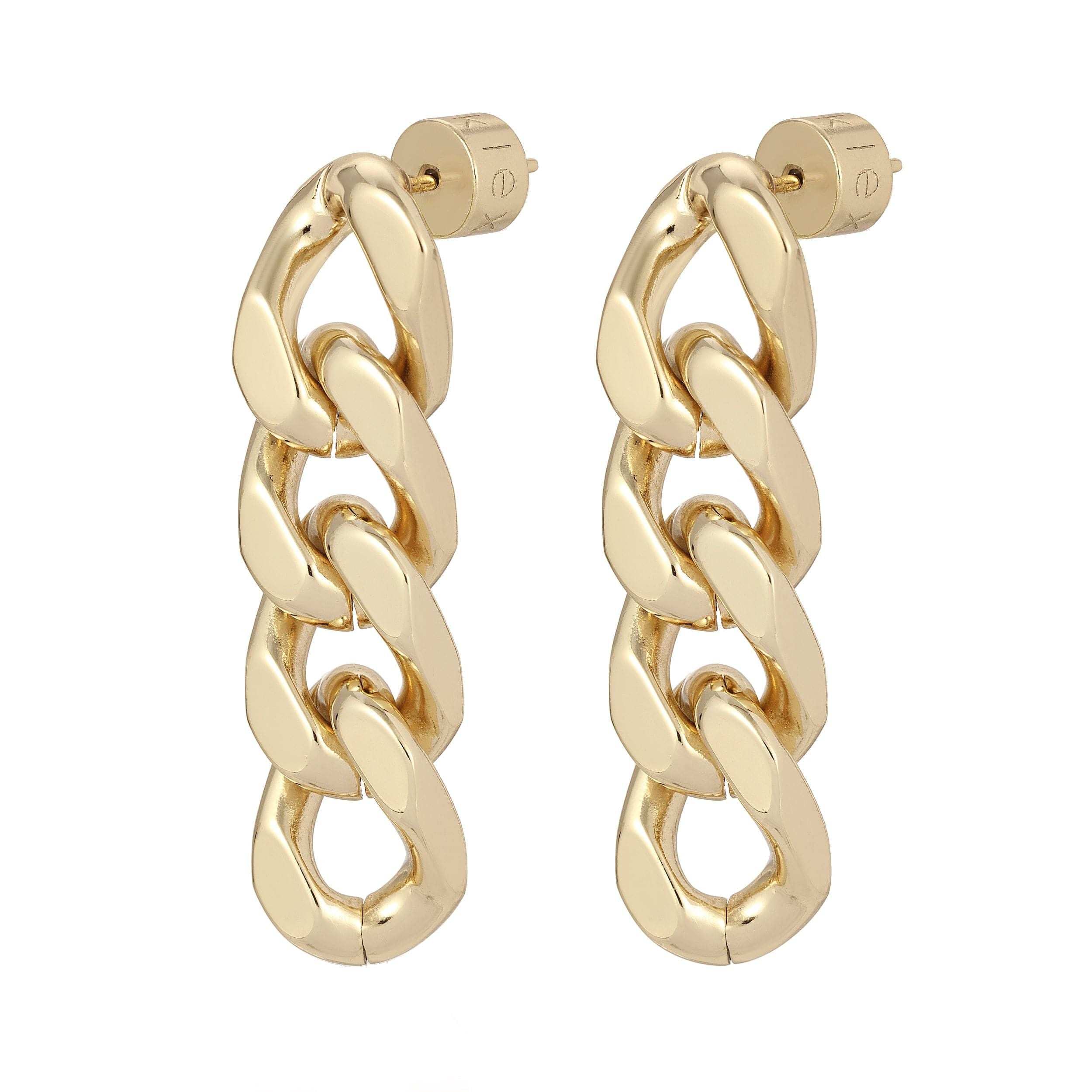 Gold chain-link earrings featuring squared-off Cuban link design in Taraji 4 Link Drop Earrings