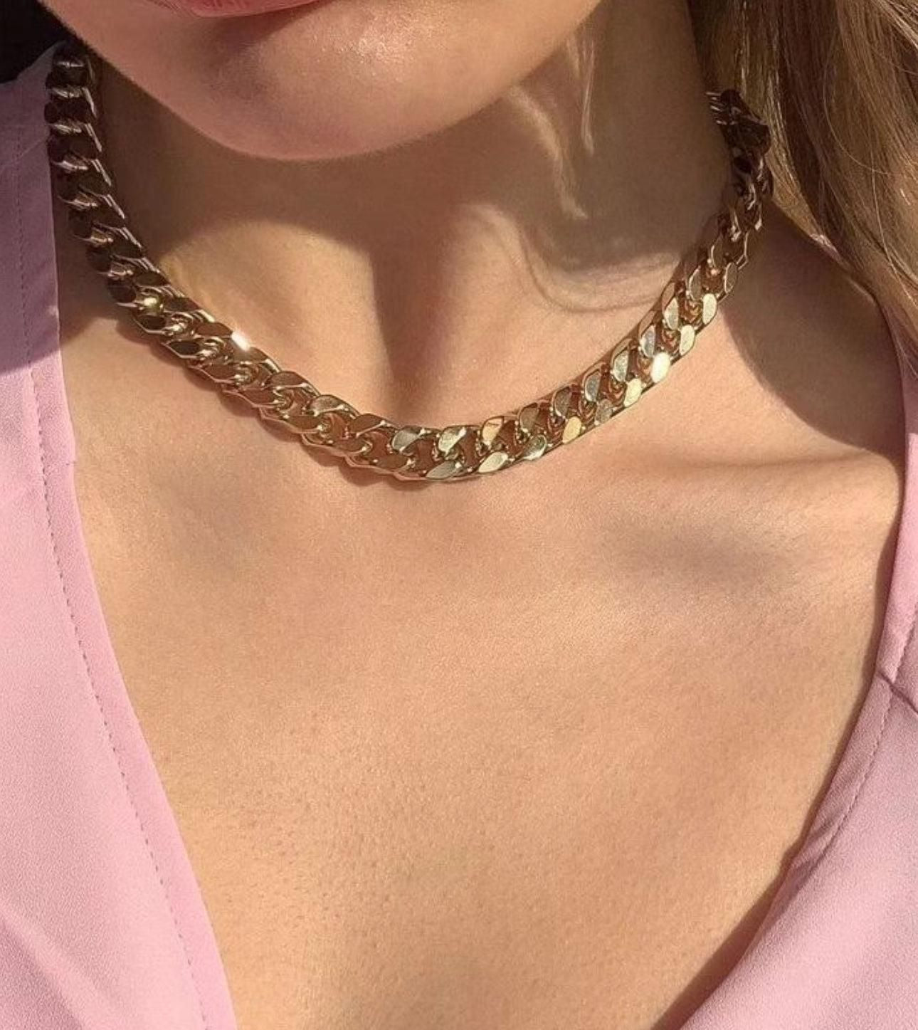 Gold chain Taraji Necklace featuring brass Cuban link and rhodium-silver plated curb